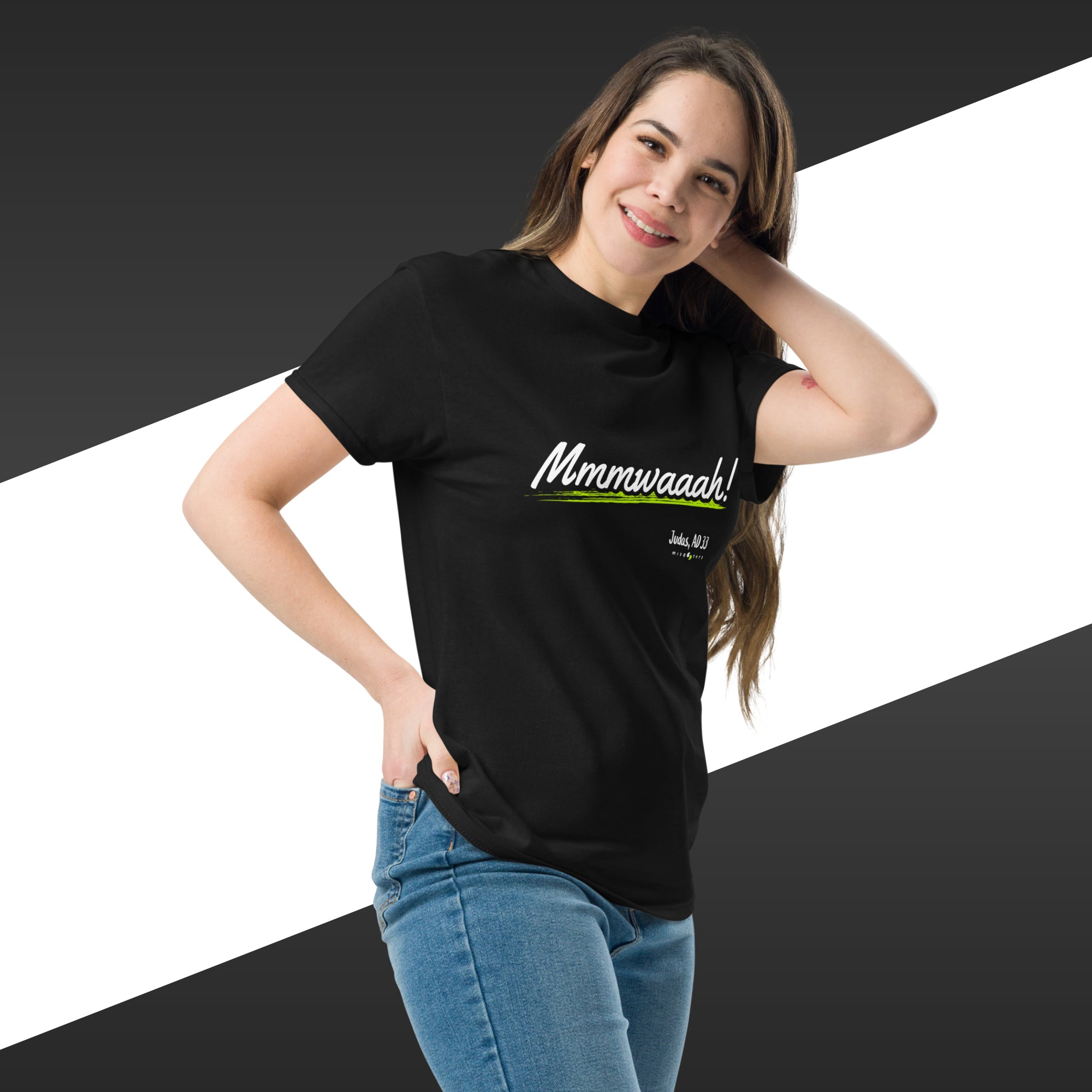 Woman wearing a black t-shirt with 'Mmmwaah!' text on a white and black striped background