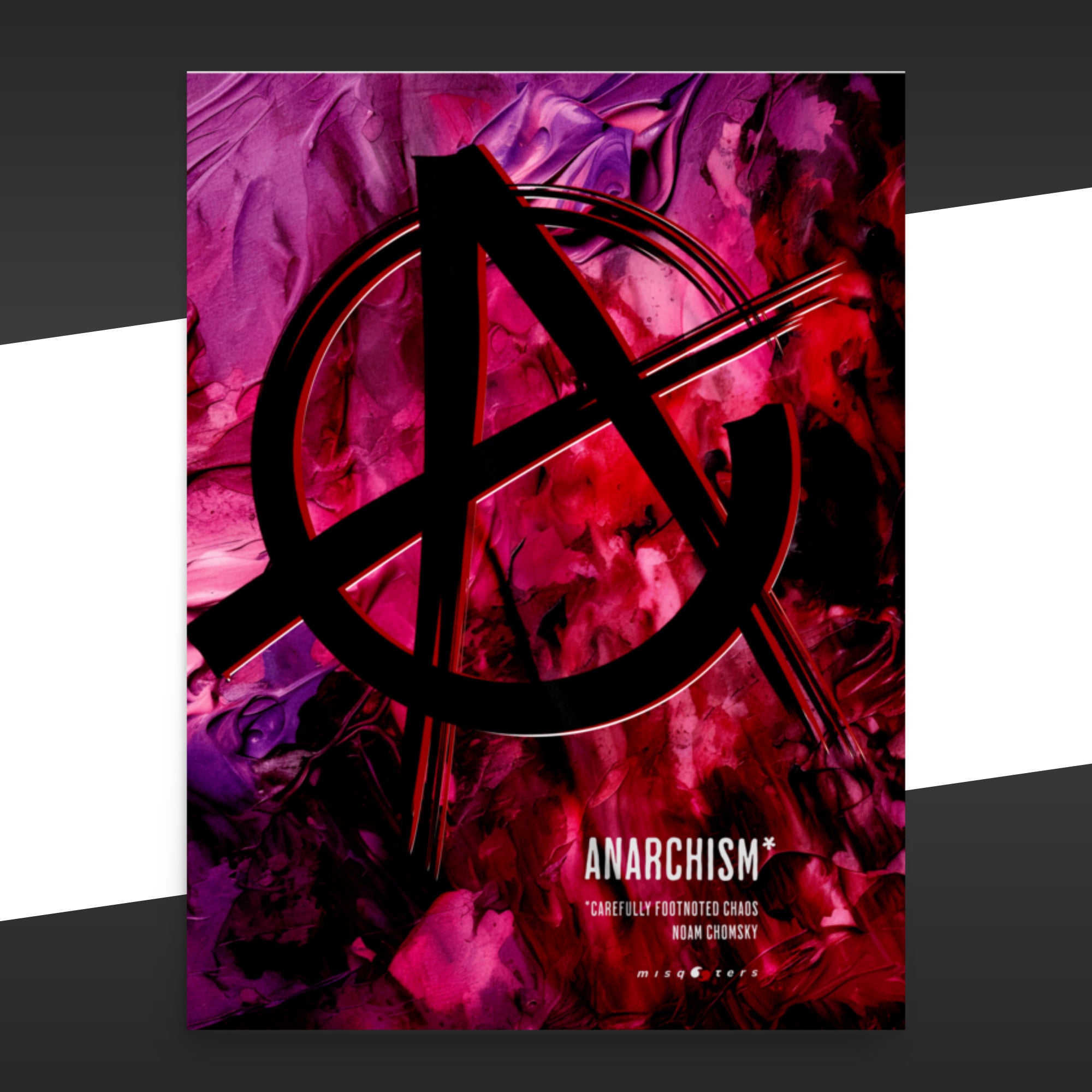 Anarchism symbol on a red poster with the fake quote "Anarchism, carefully footnoted chaos" by Noam Chomsky