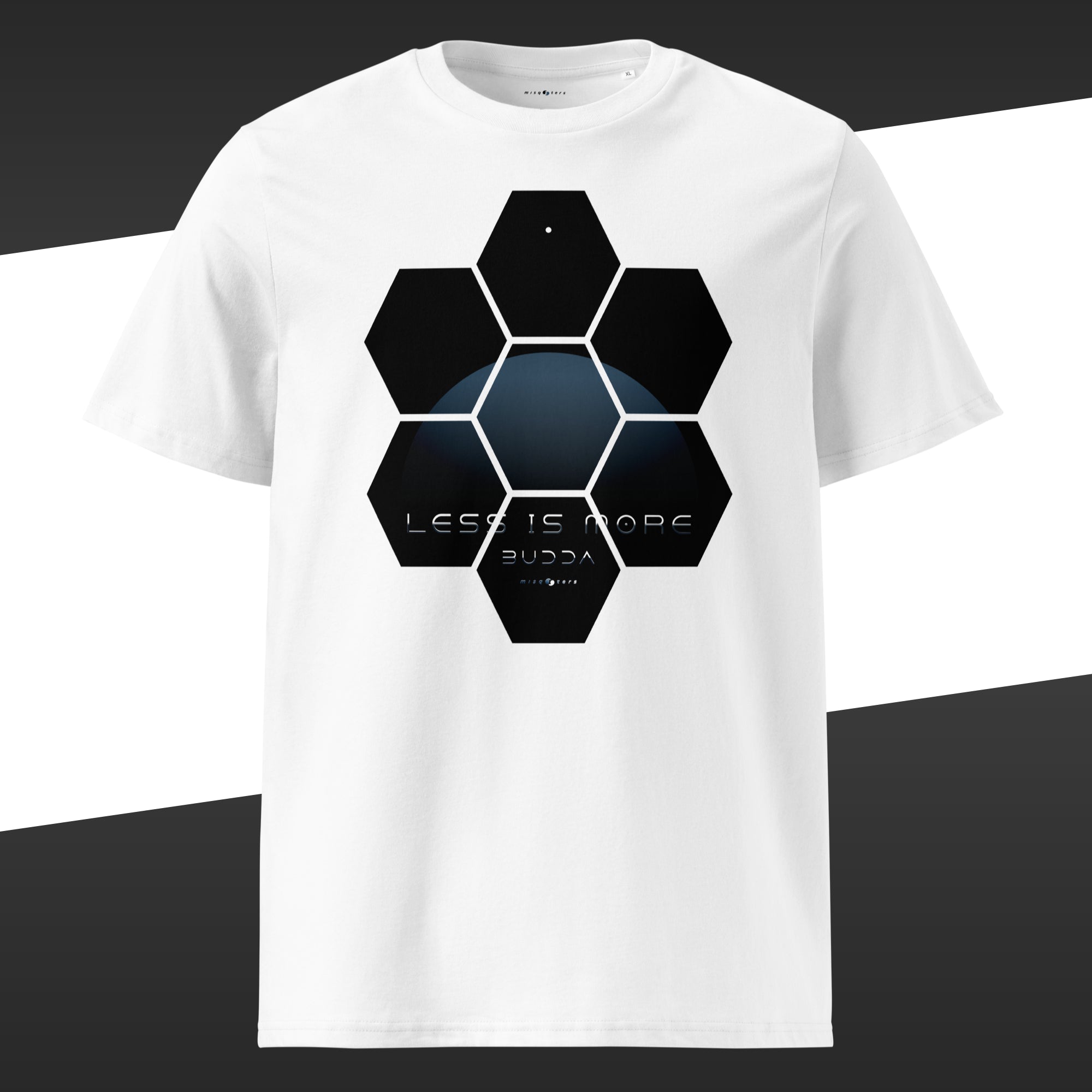 White wide t-shirt with a blue design of the fake quote "Less is more" by Buddha.
