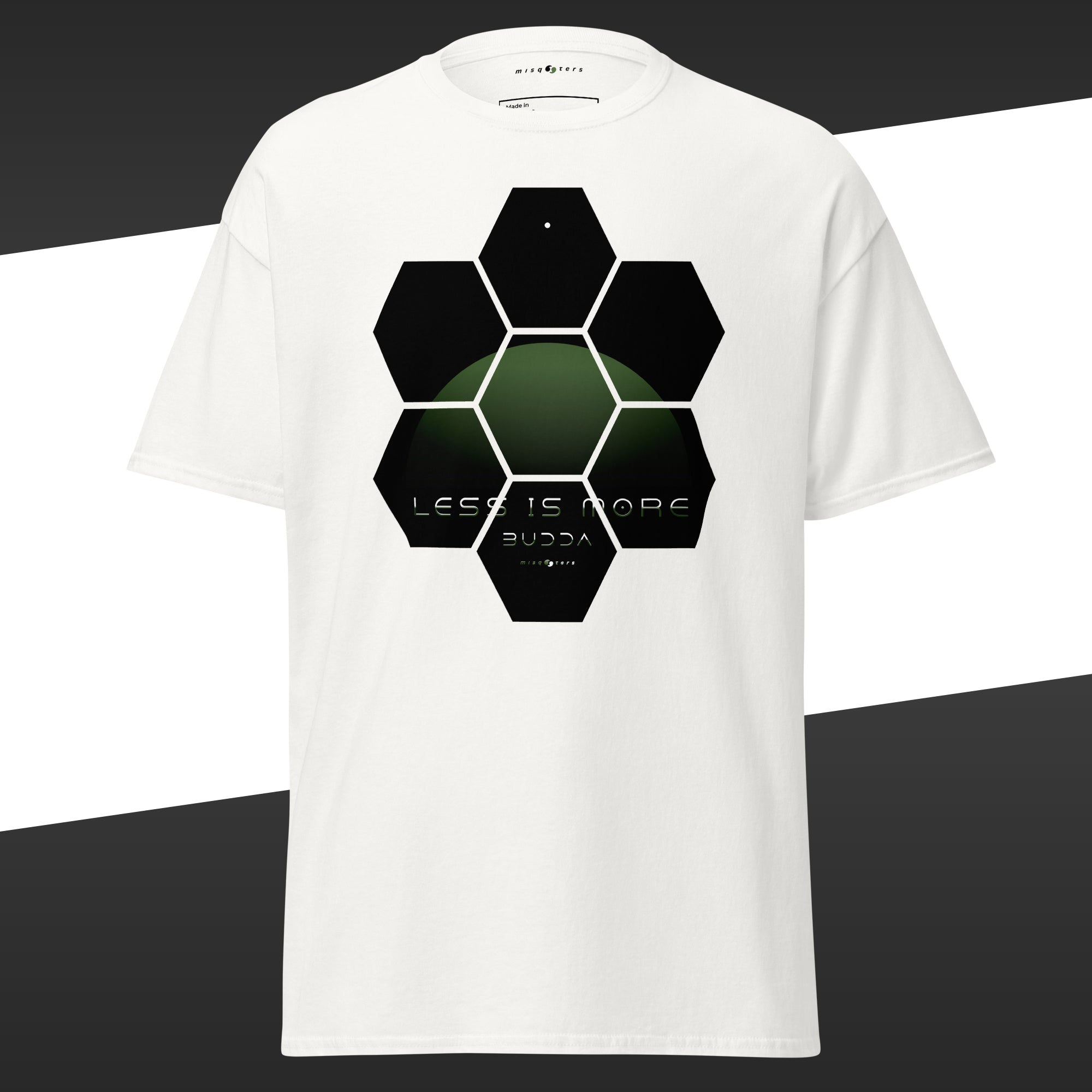 White t-shirt with geometric green design featuring the fake quote "Less is more" by Buddha