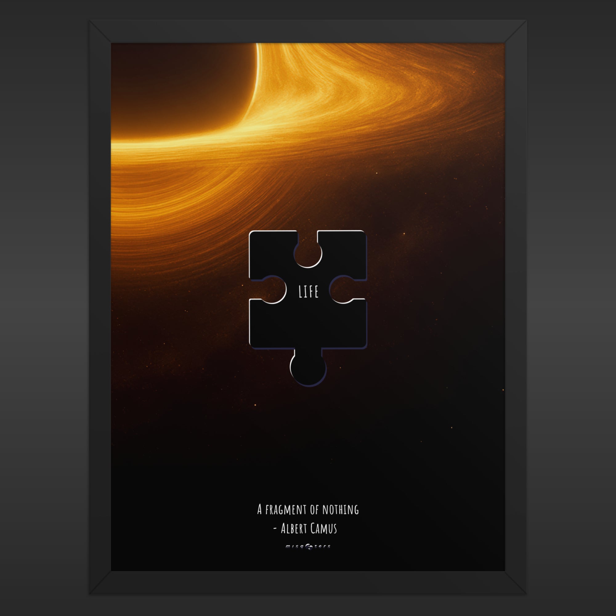 Framed artwork with a puzzle piece cutout and text on a dark background