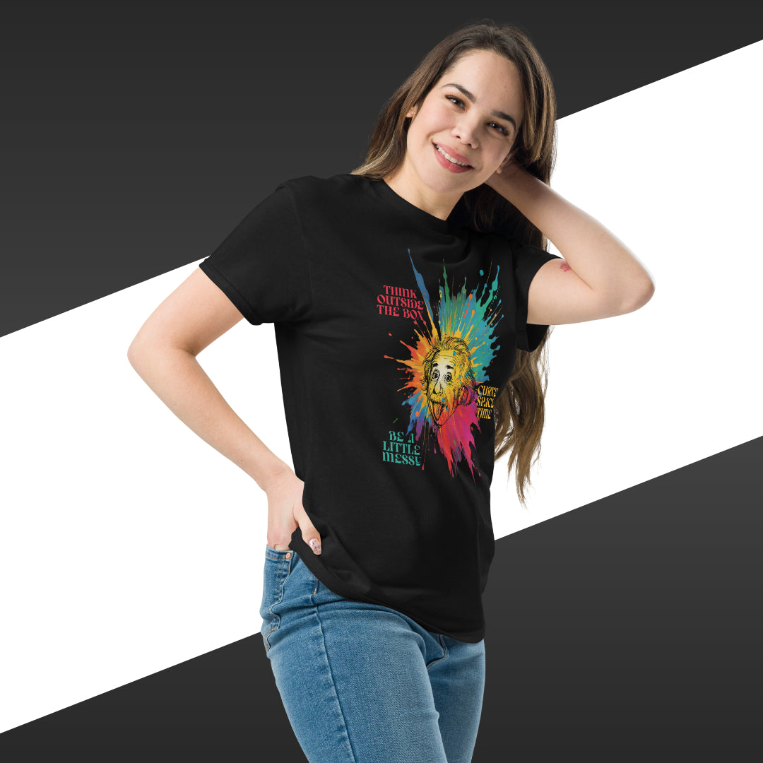 Woman wearing a black t-shirt with colorful graphic design on a white background