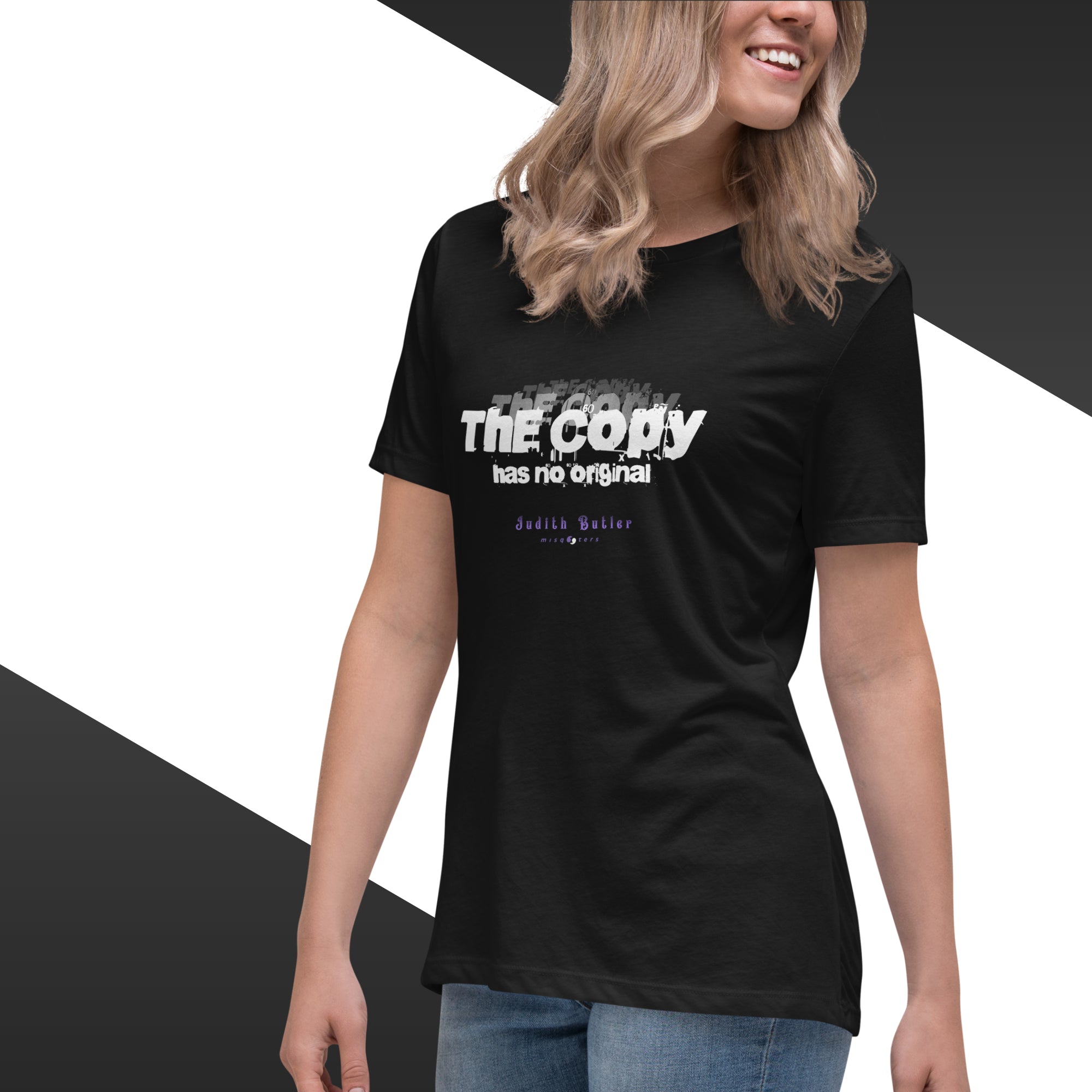Person wearing a black t-shirt with text design on a white background