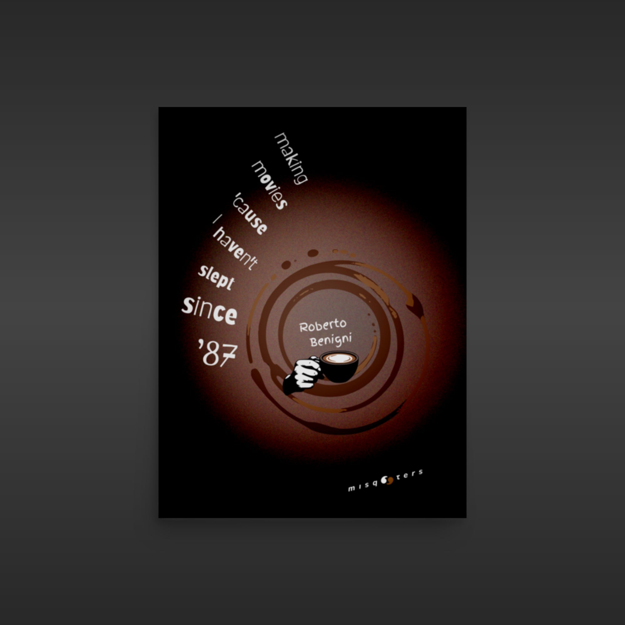 Poster with coffee cup and text on a dark background