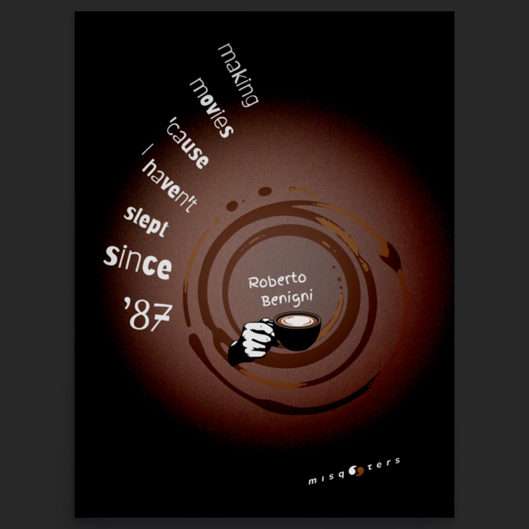 Poster with a coffee cup, hand holding it, and text on a dark background