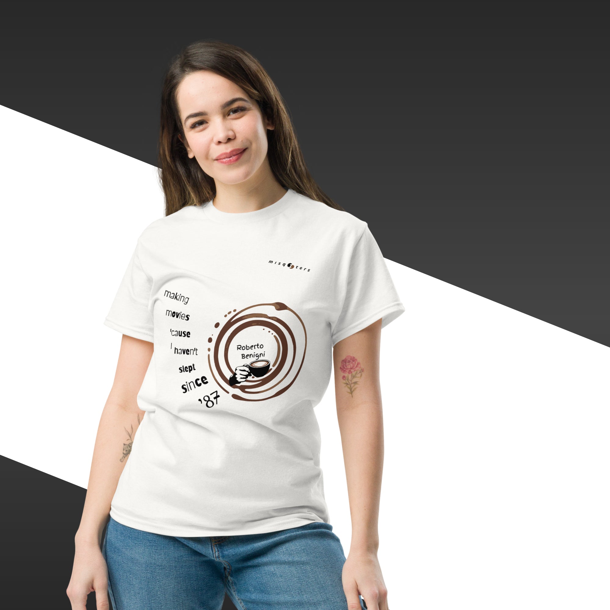 Woman wearing a white t-shirt with a coffee-themed design on a black and white background