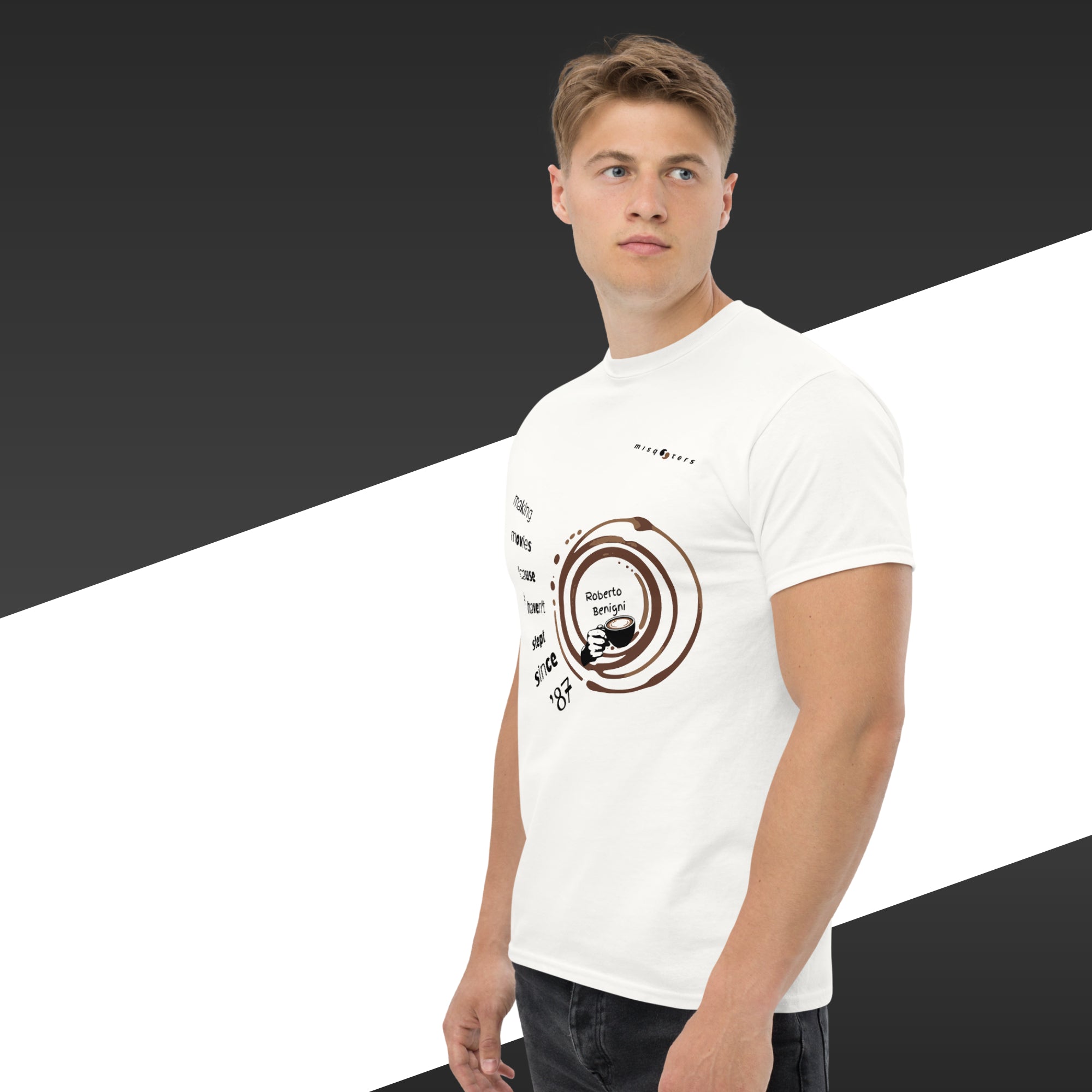 Man wearing a white t-shirt with a logo and text on a black and white background