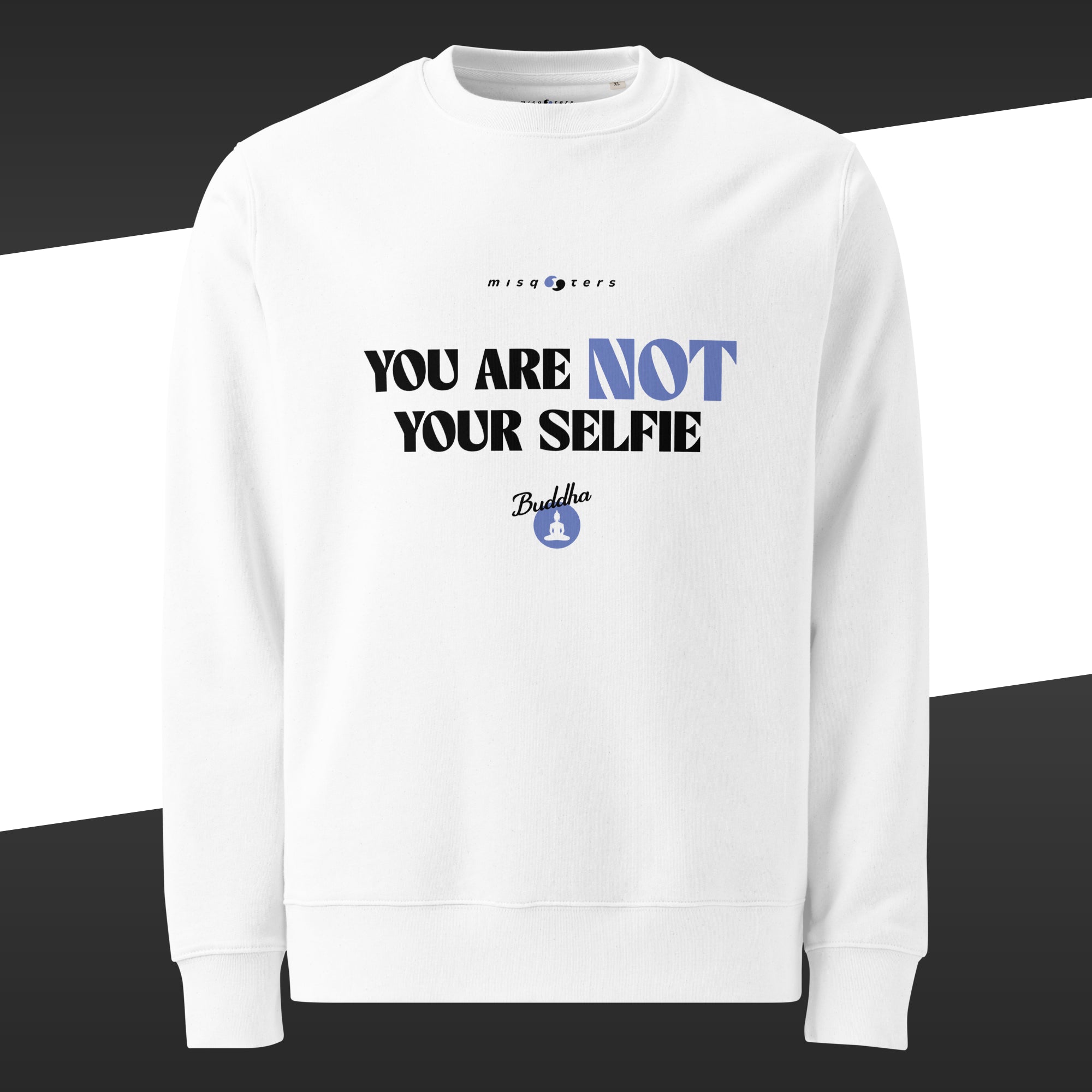White t-shirt featuring in white and blue lavender the fake quote "You are not your selfie" by Buddha