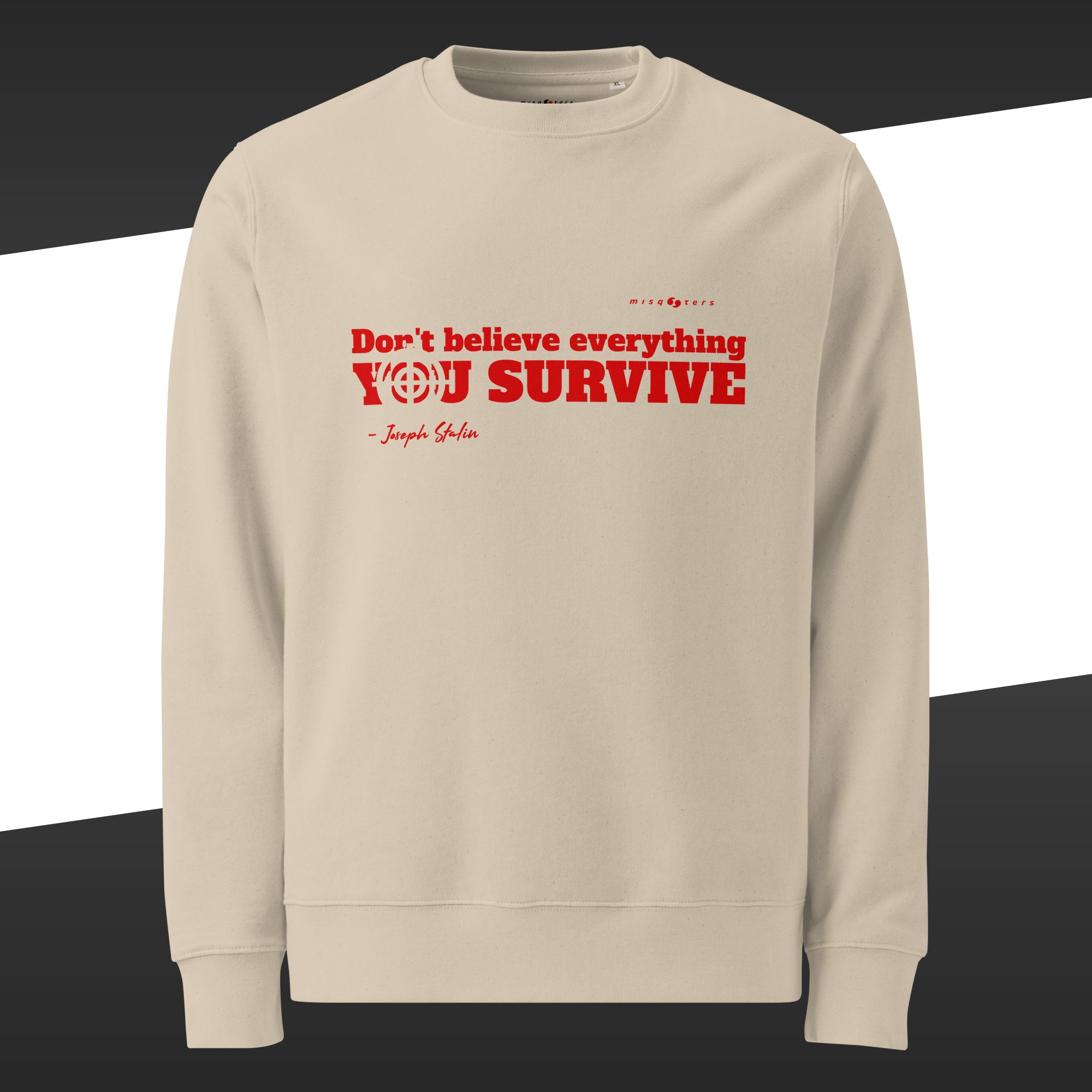 Beige sweatshirt with red text on a white background