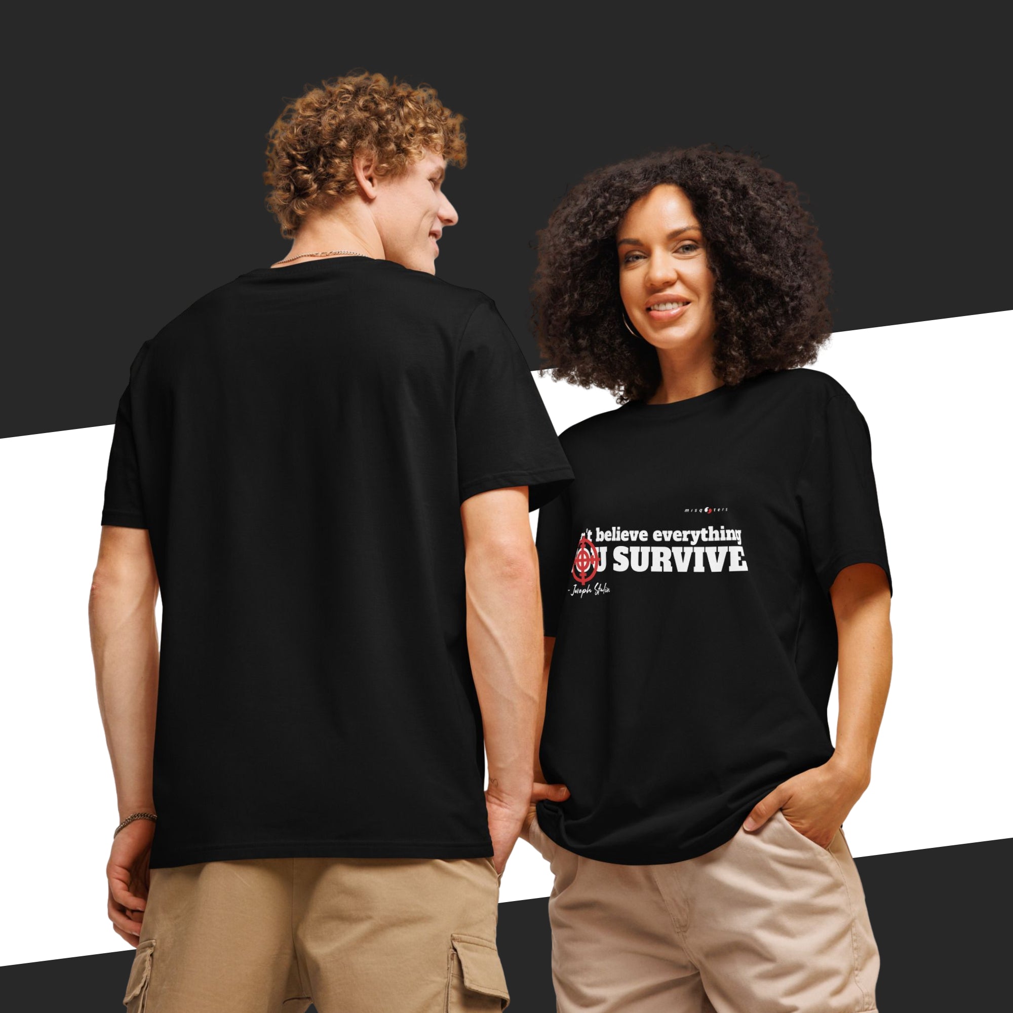 A couple wearing black t-shirts on a black and white striped background
