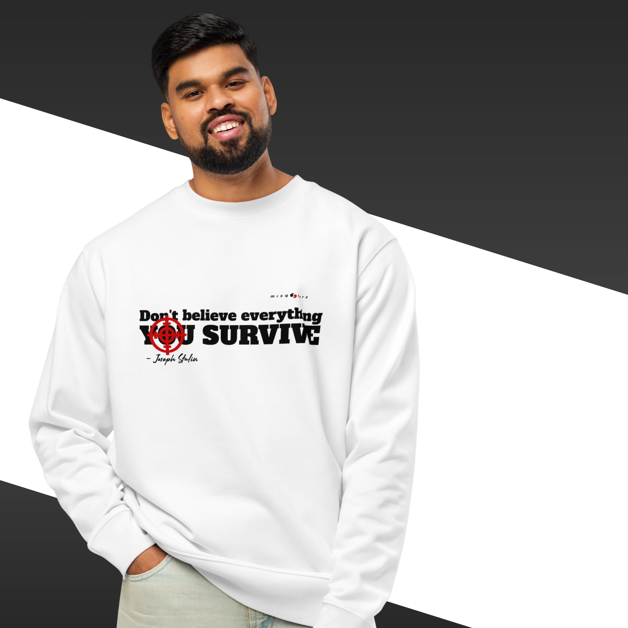 Man wearing a white sweatshirt with text and logo on a black and gray background