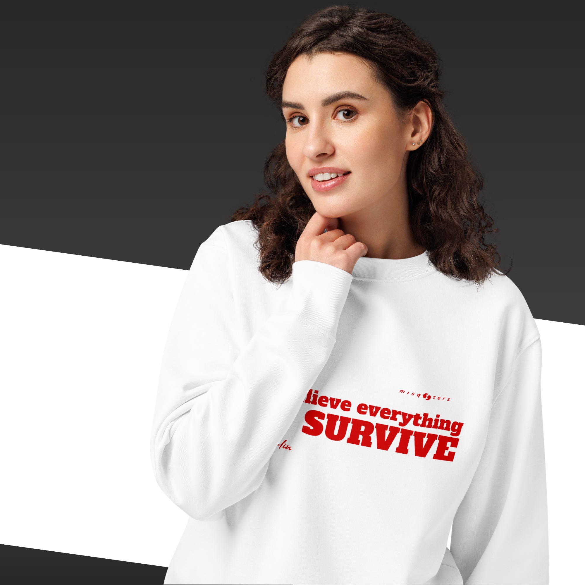 Woman wearing a white sweatshirt with red text on a gradient background