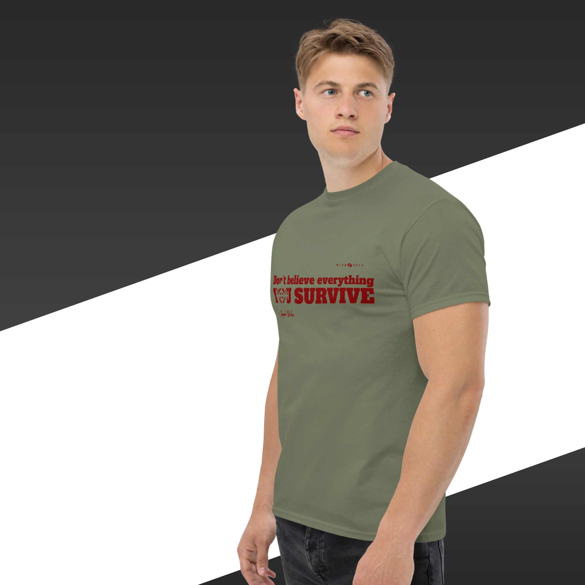 Man wearing a green t-shirt with red text on a black and white background