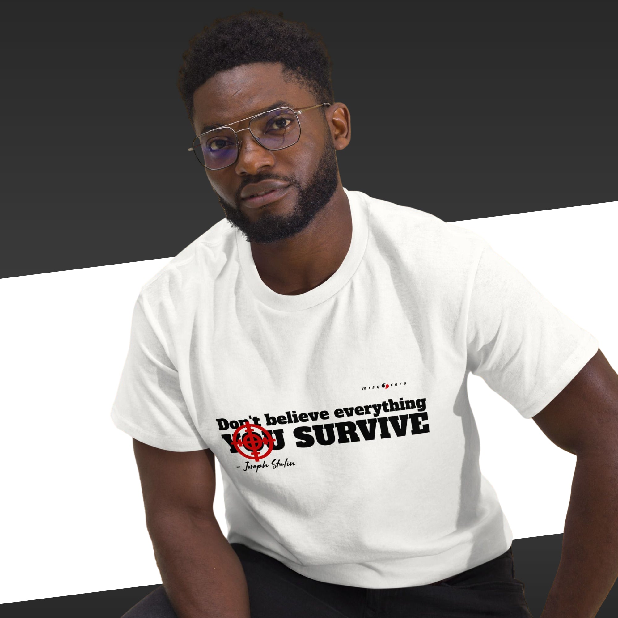 Man wearing a white t-shirt with a motivational quote on a black and white background