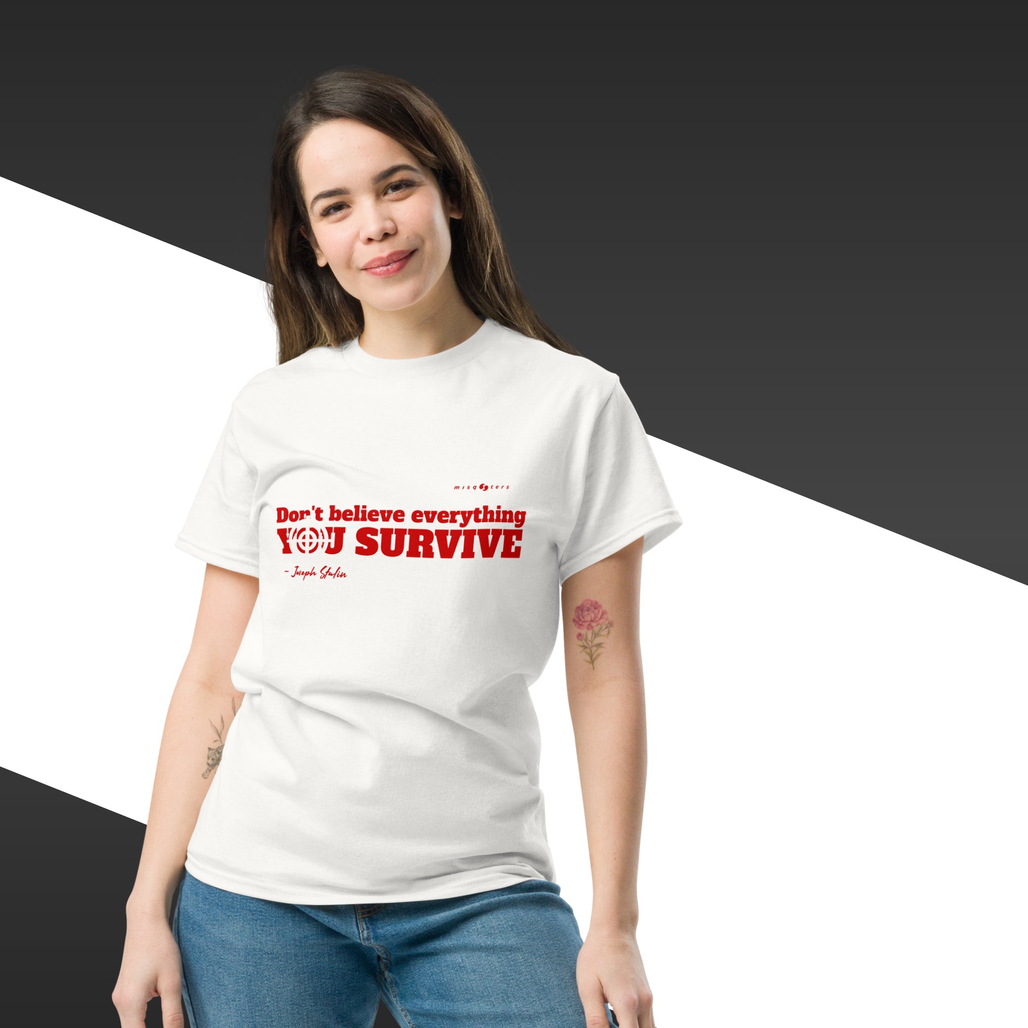 Woman wearing a white t-shirt with red text on a black and white background