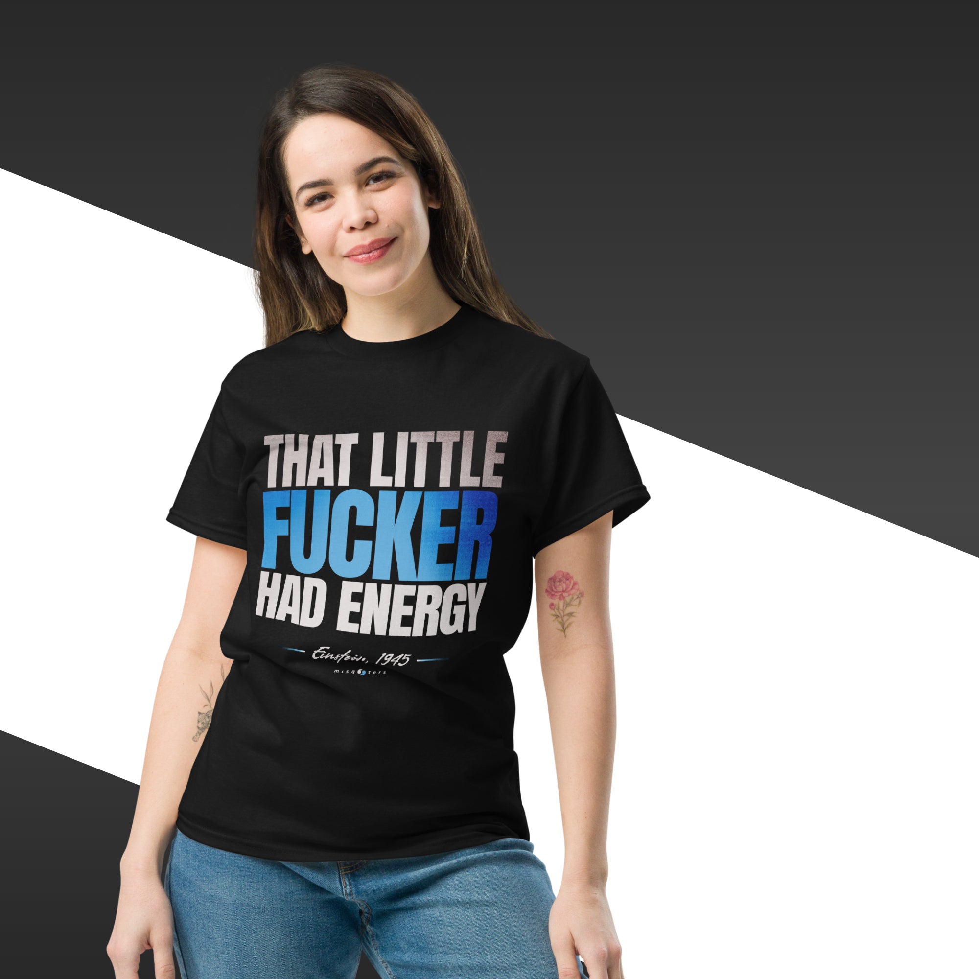 That little fucker had energy - Albert Einstein | Classic tee - Blue design color on Black t-shirt mockup on female model