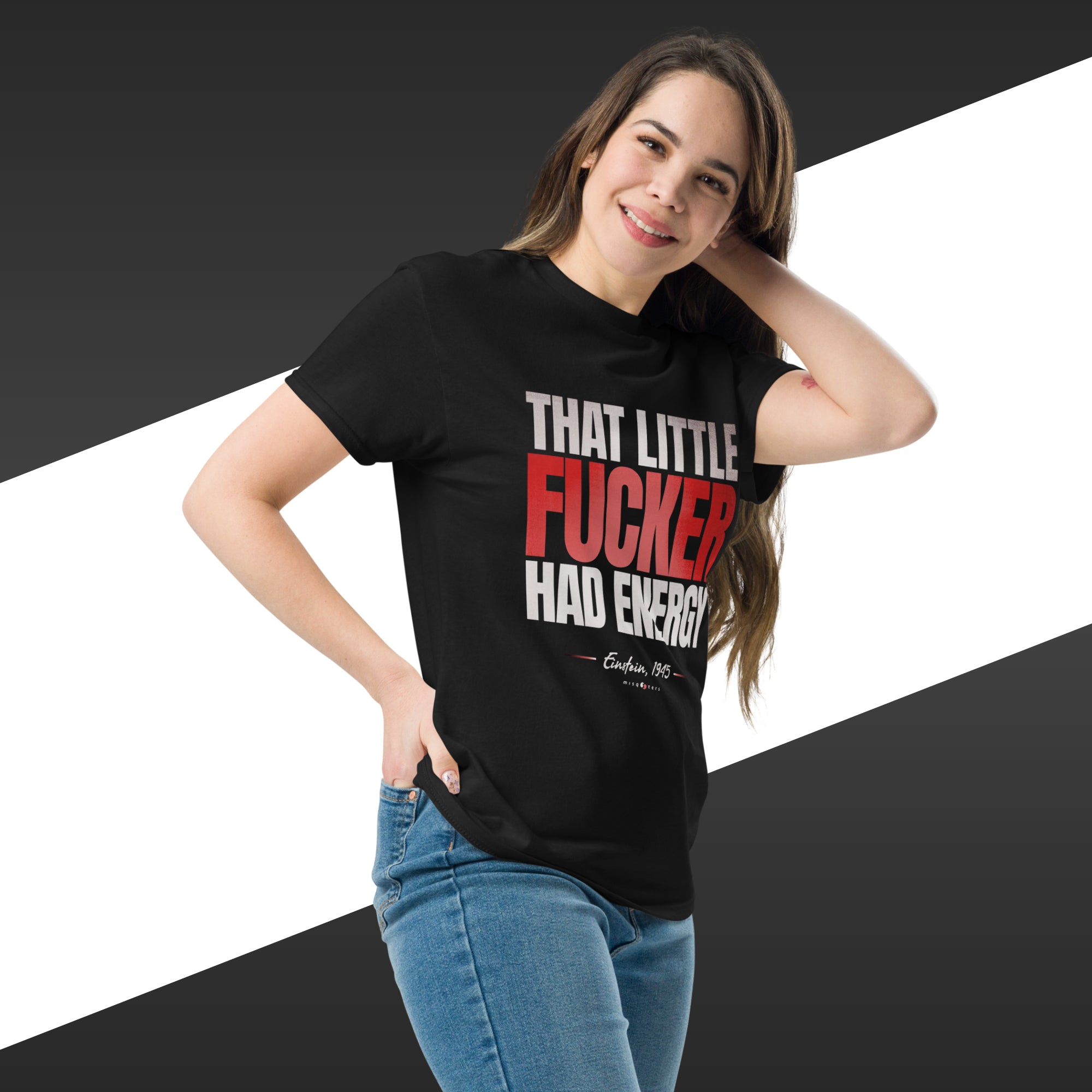 That little fucker had energy - Albert Einstein | Classic tee - Red design color on Black t-shirt mockup on female model
