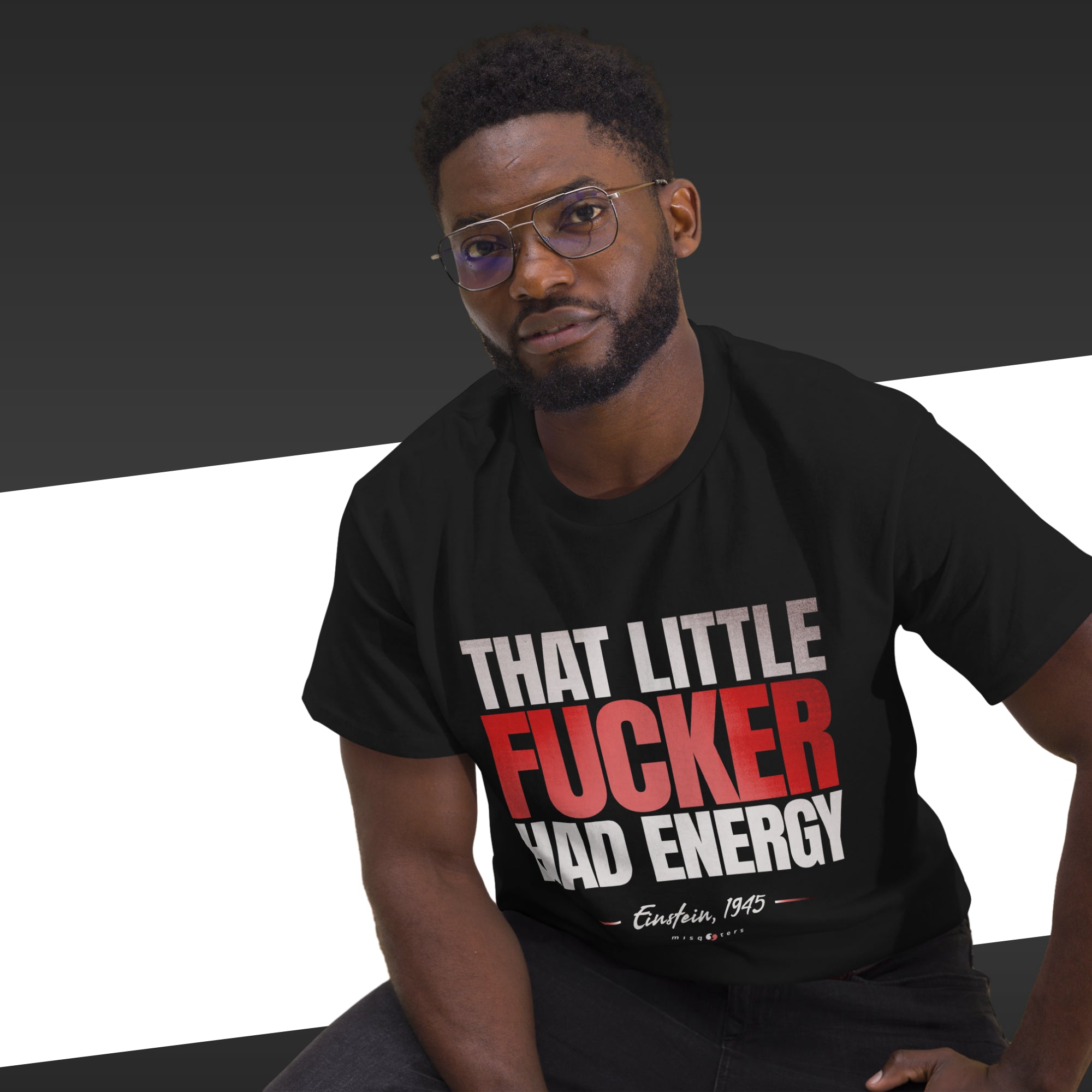 That little fucker had energy - Albert Einstein | Classic tee - Red design color on Black t-shirt mockup on male model alternate pose