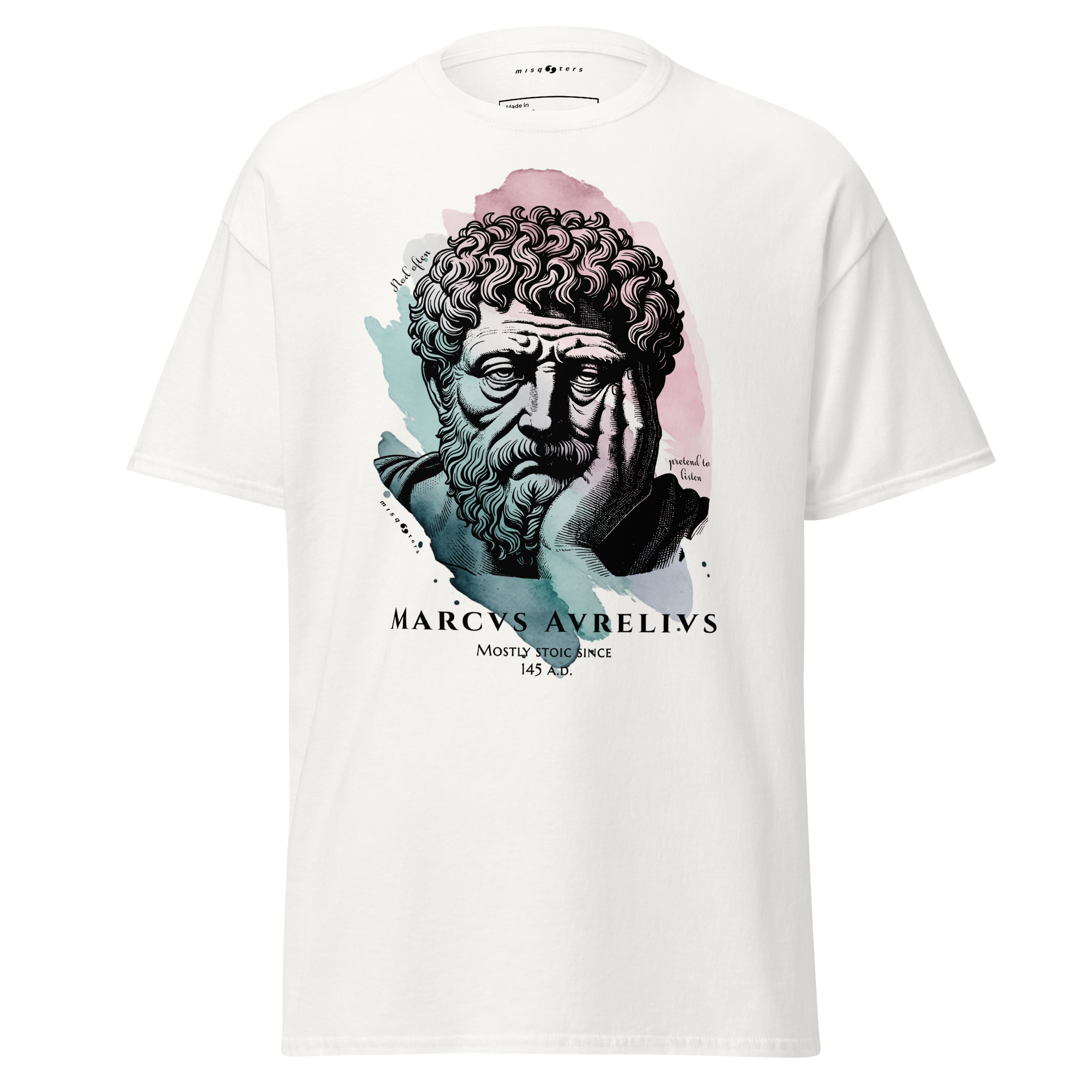 White t-shirt with a graphic of a classical statue and 'Marcus Aurelius' text on a white background