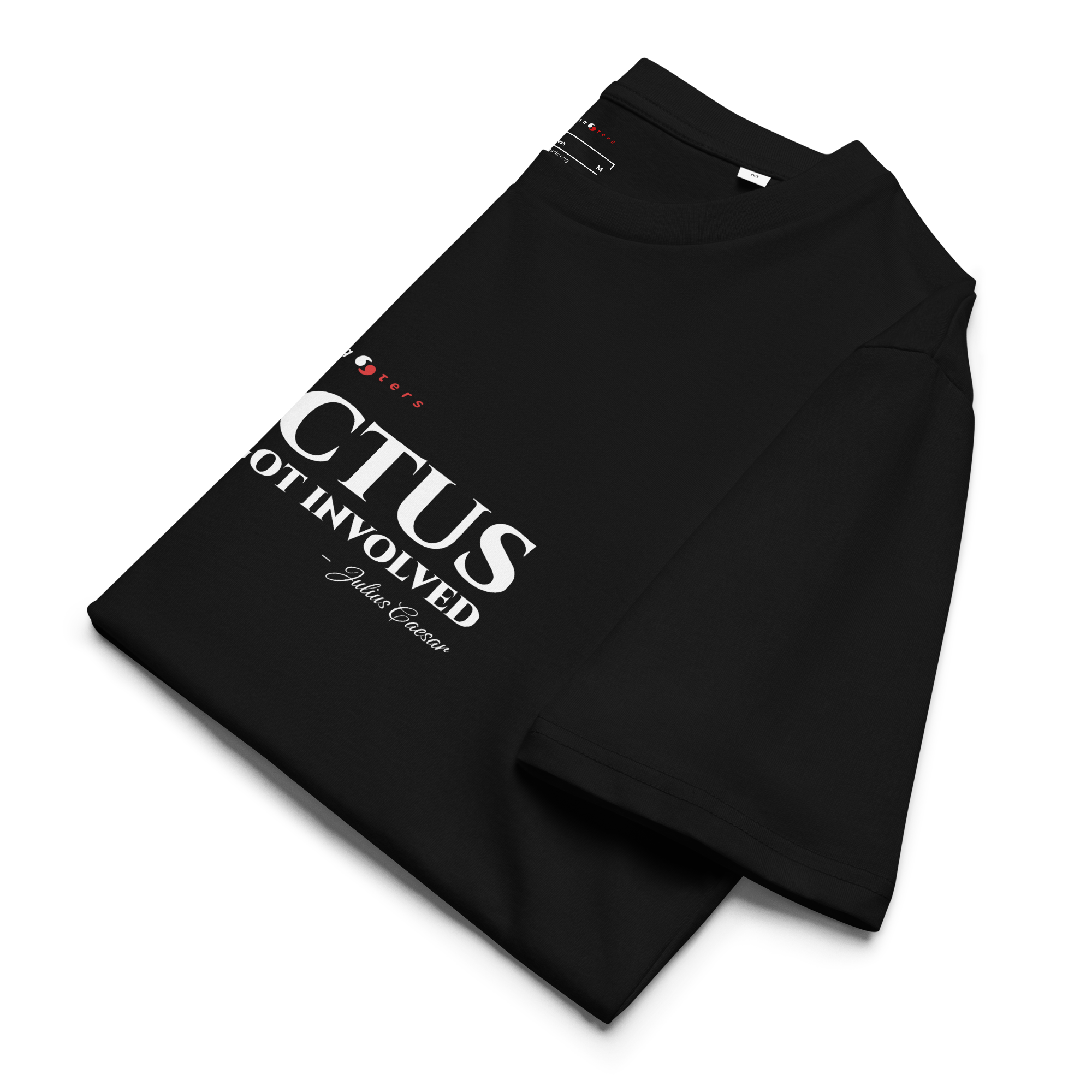 Black folded t-shirt with white text on a white background