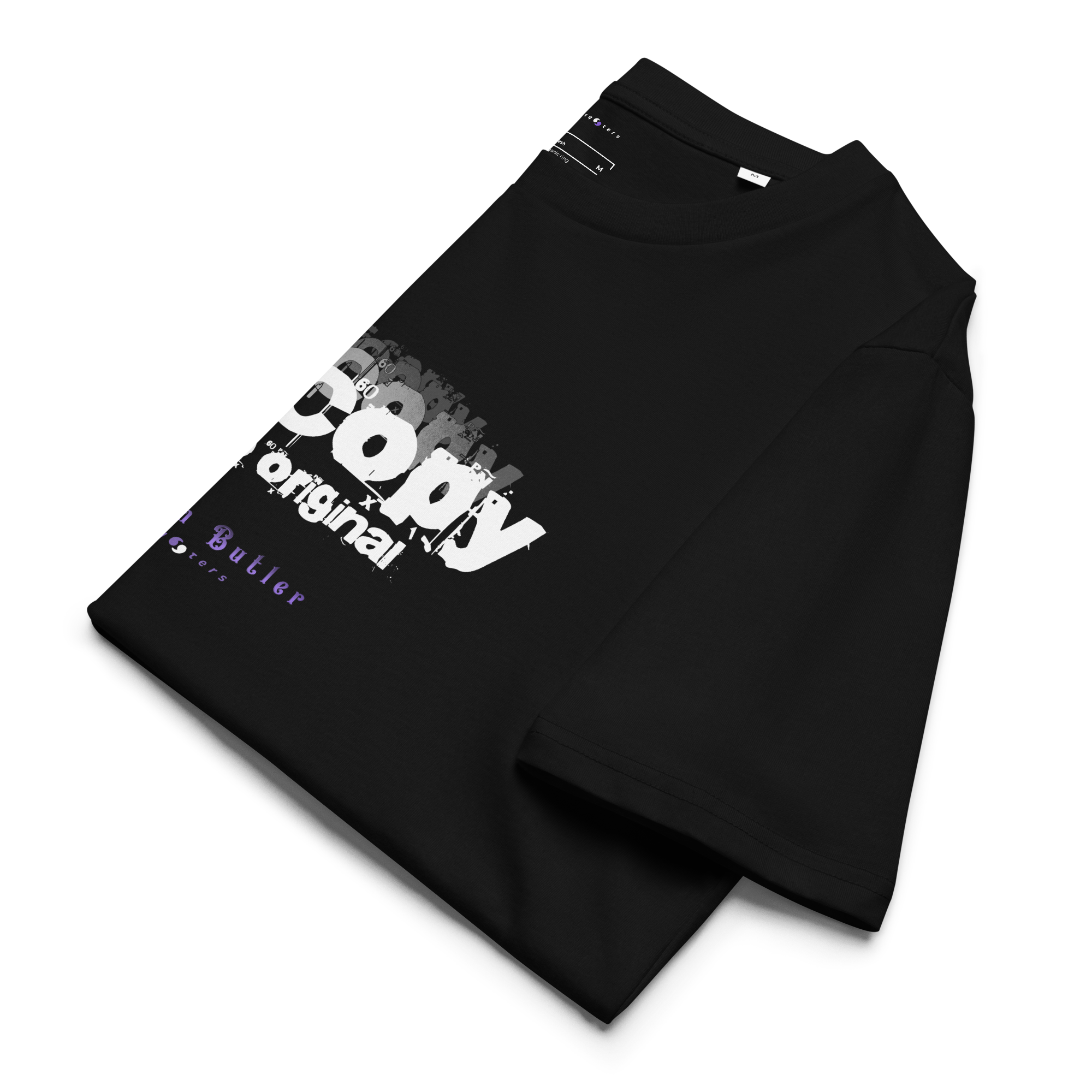 Black t-shirt with text design on a white background