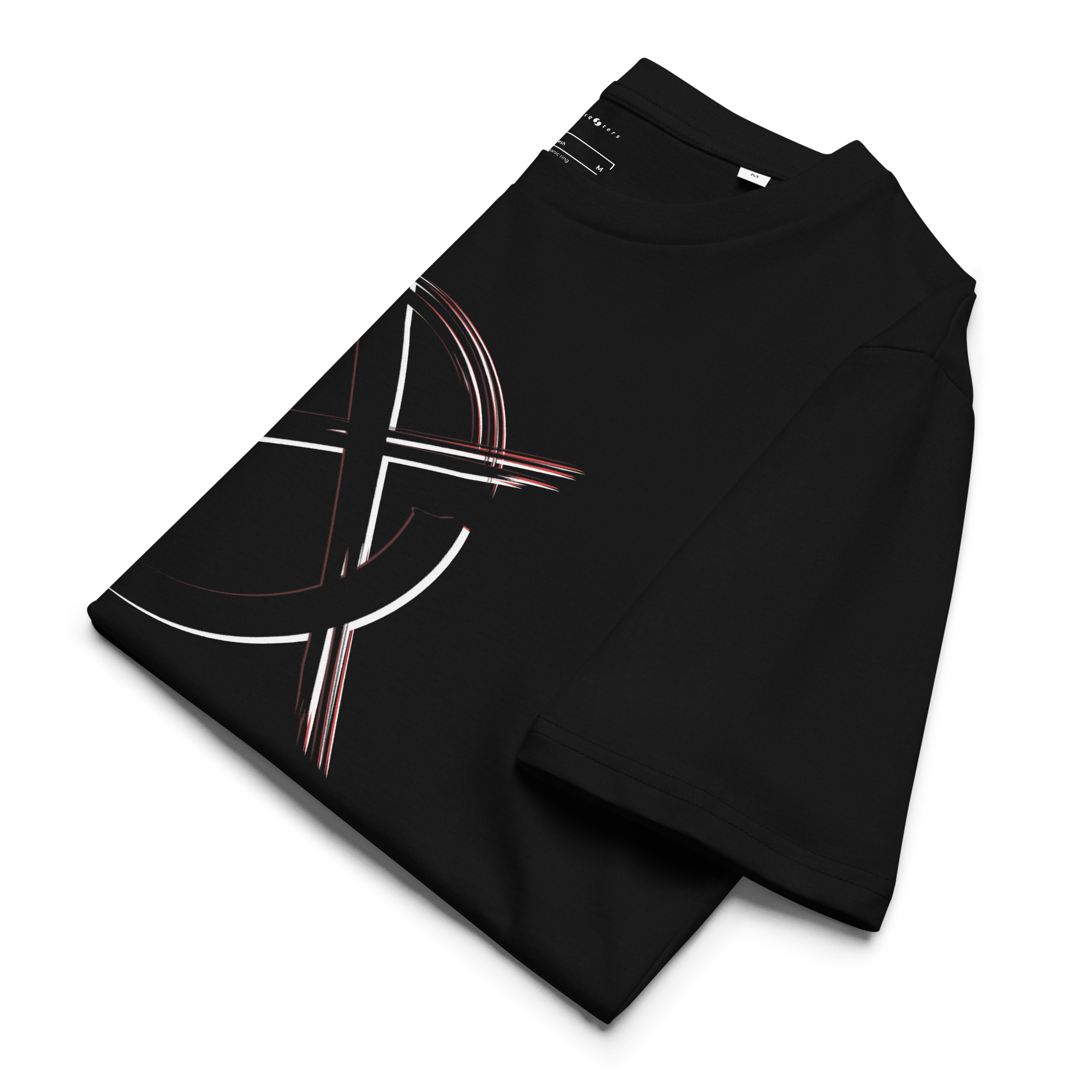 Black t-shirt with a unique design on a white background
