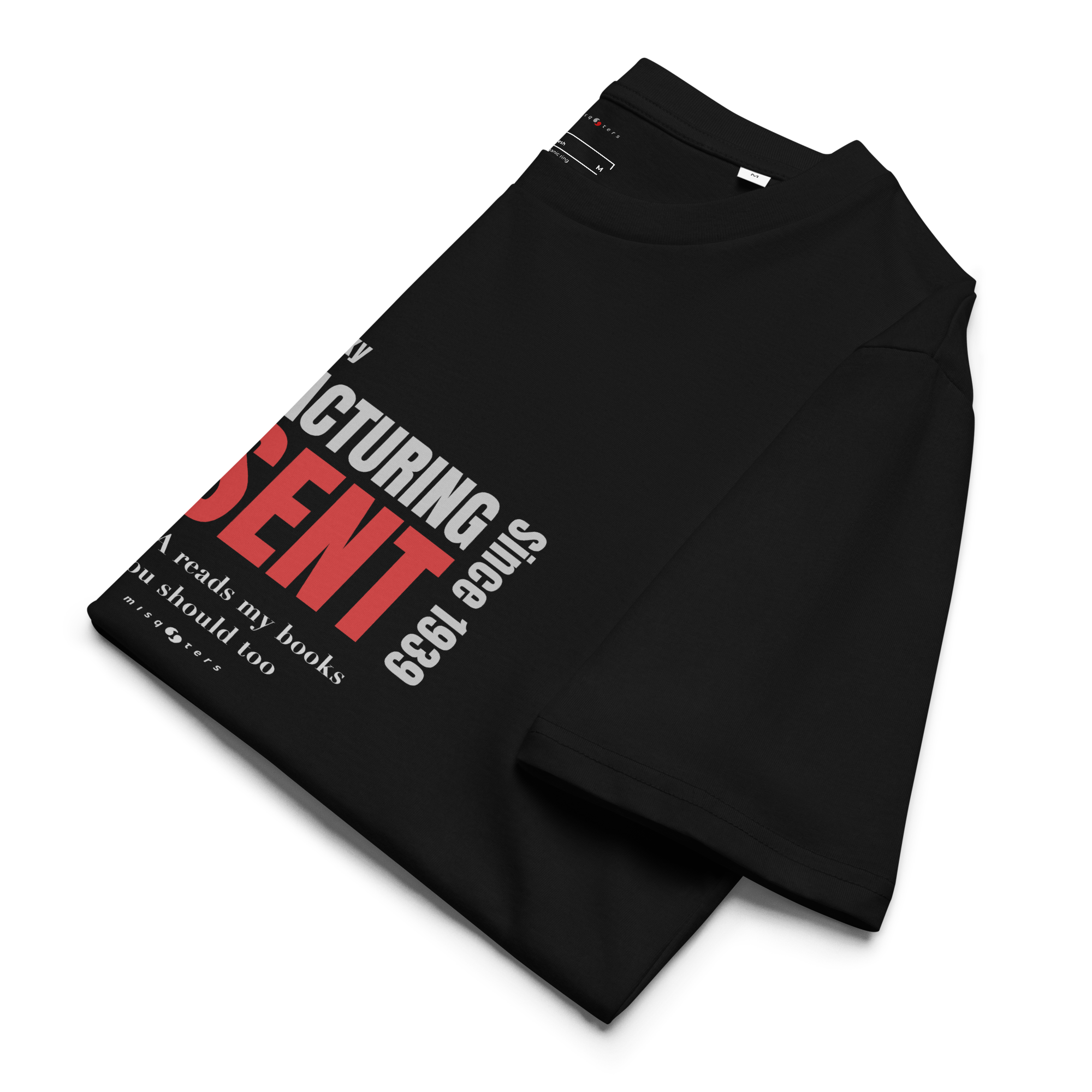 Black t-shirt with red and white text on a white background