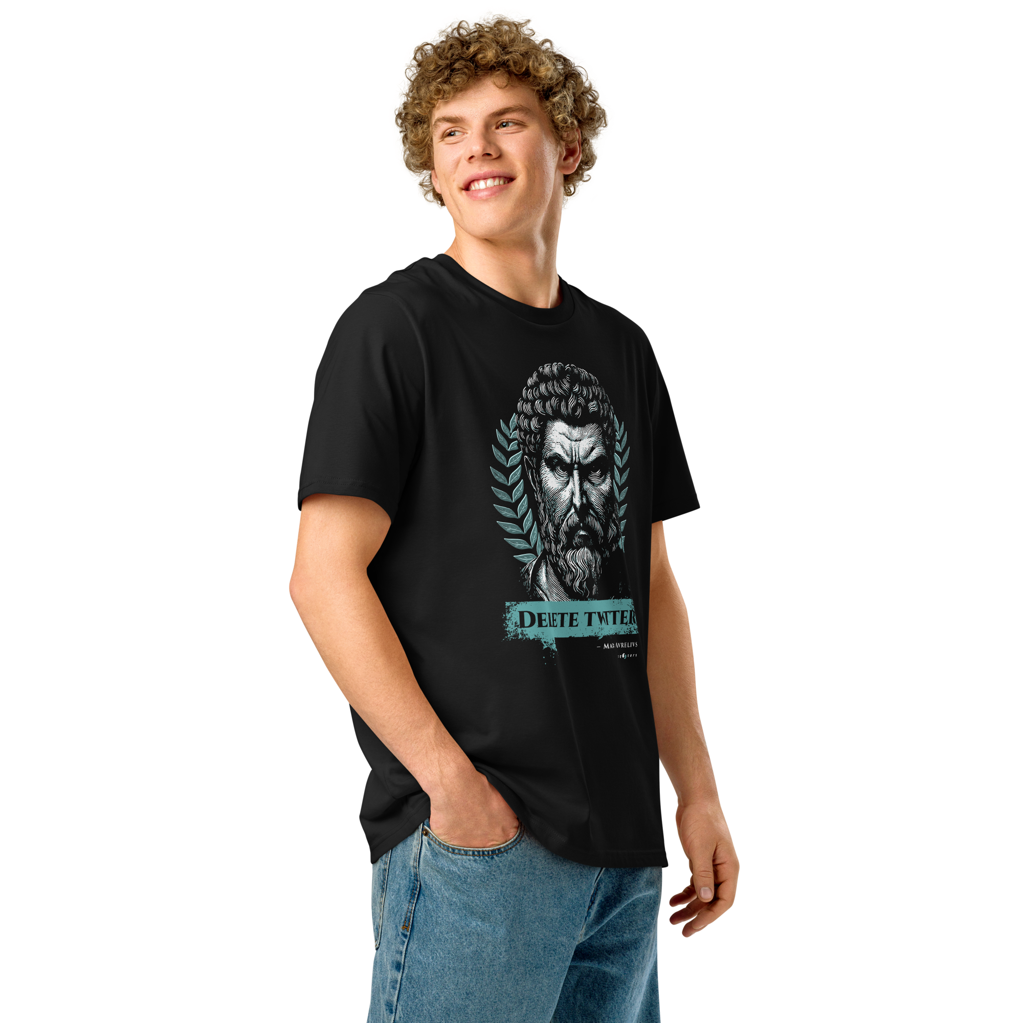 Person wearing a black t-shirt with a graphic design of marcus aurelius saying delete twitter on a white background