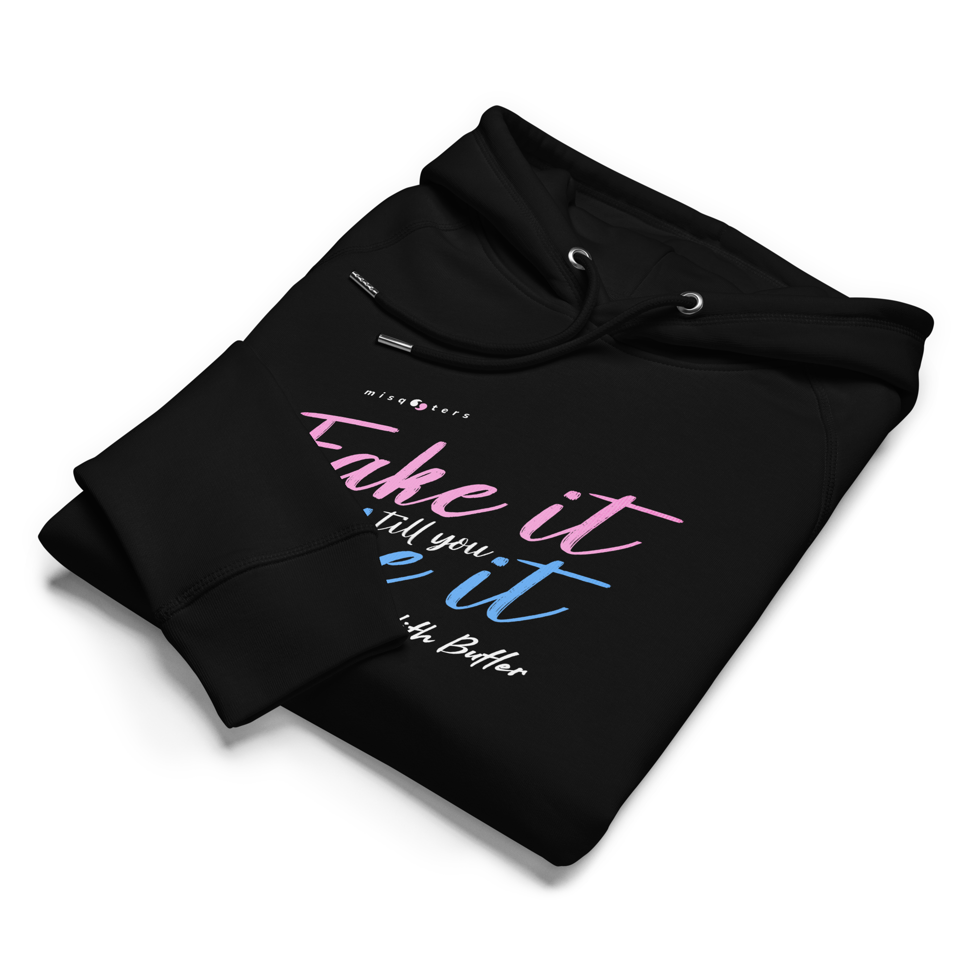 Black folded hoodie with colorful text design on a white background