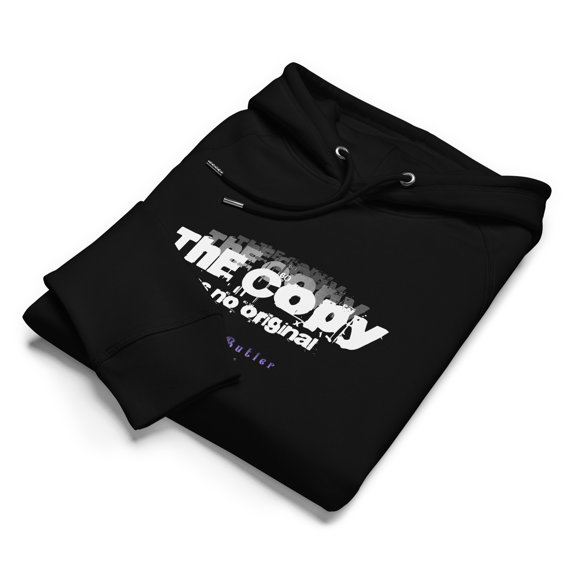 Black hoodie with text design on a white background