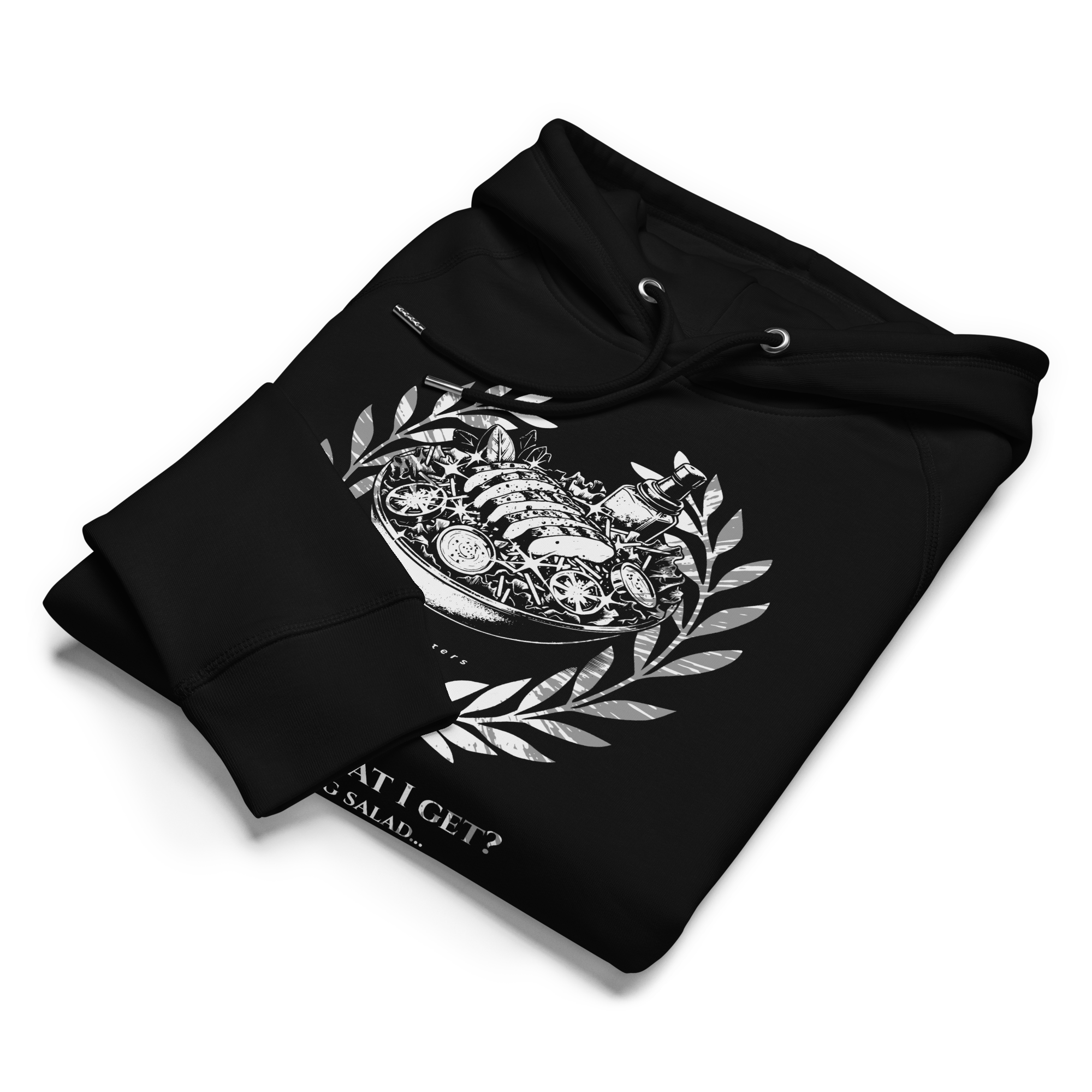 Black hoodie with a graphic design on a white background