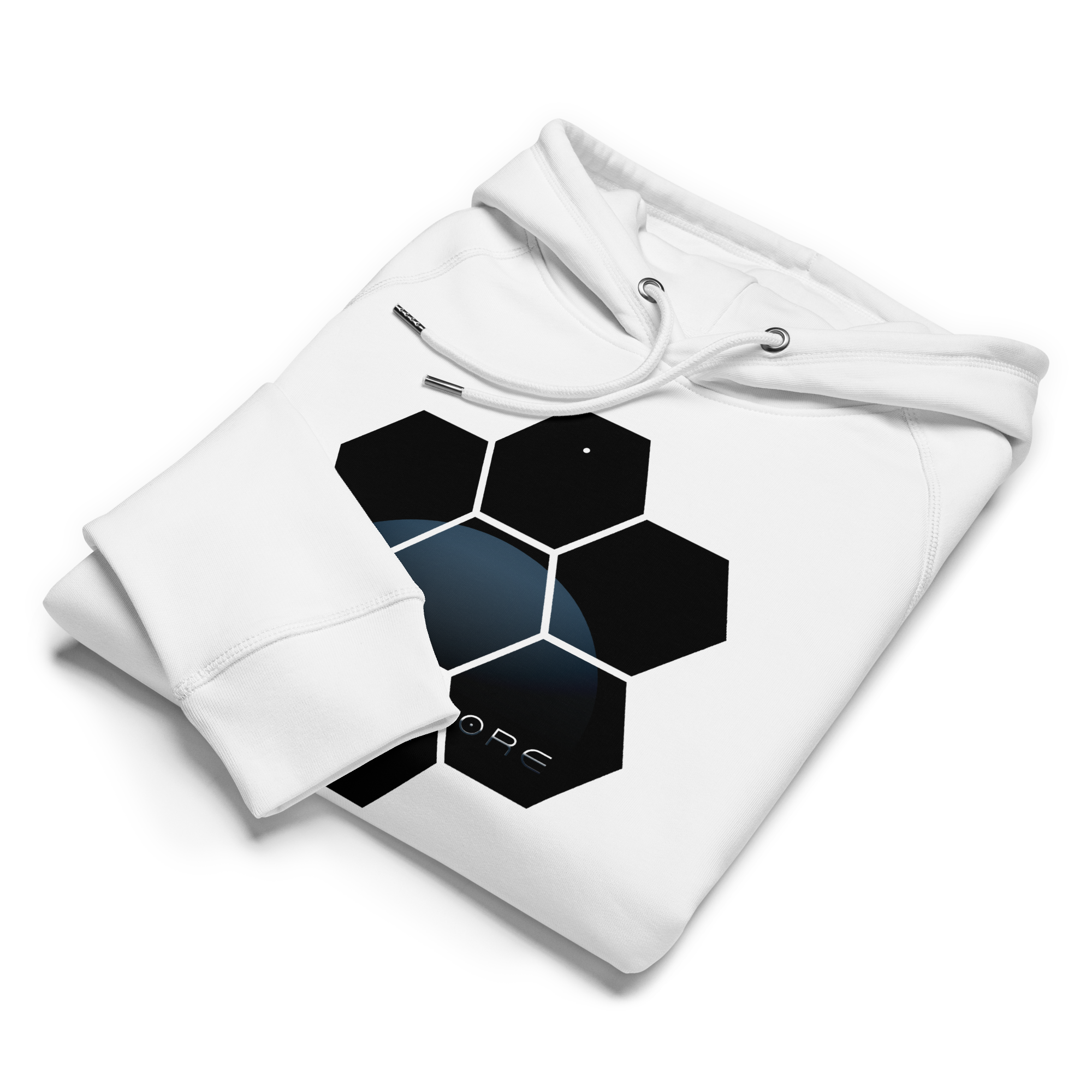 White hoodie with black geometric pattern on a white background