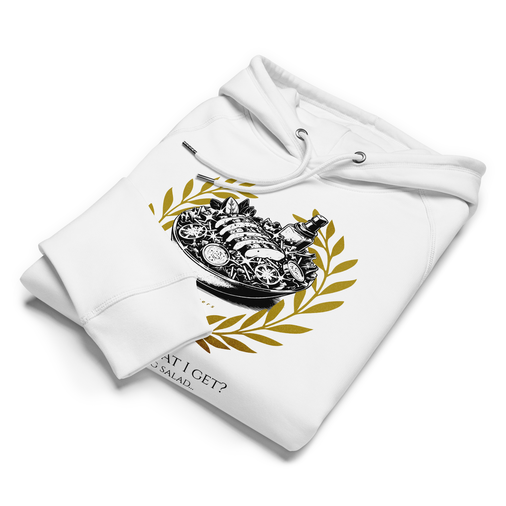 White hoodie with a graphic design of a salad bowl and text on a white background