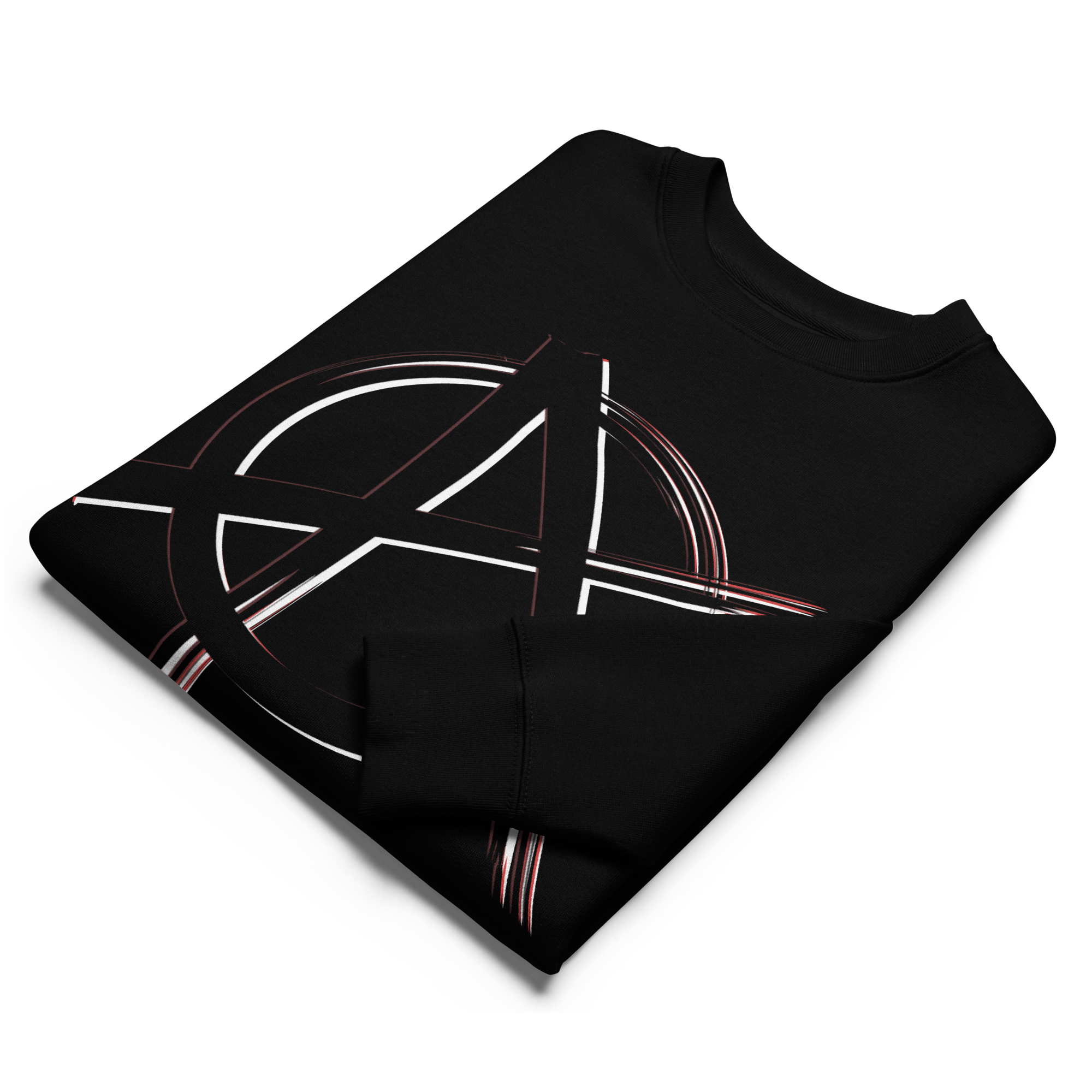 Black sweatshirt folded with a white symbol design on a white background