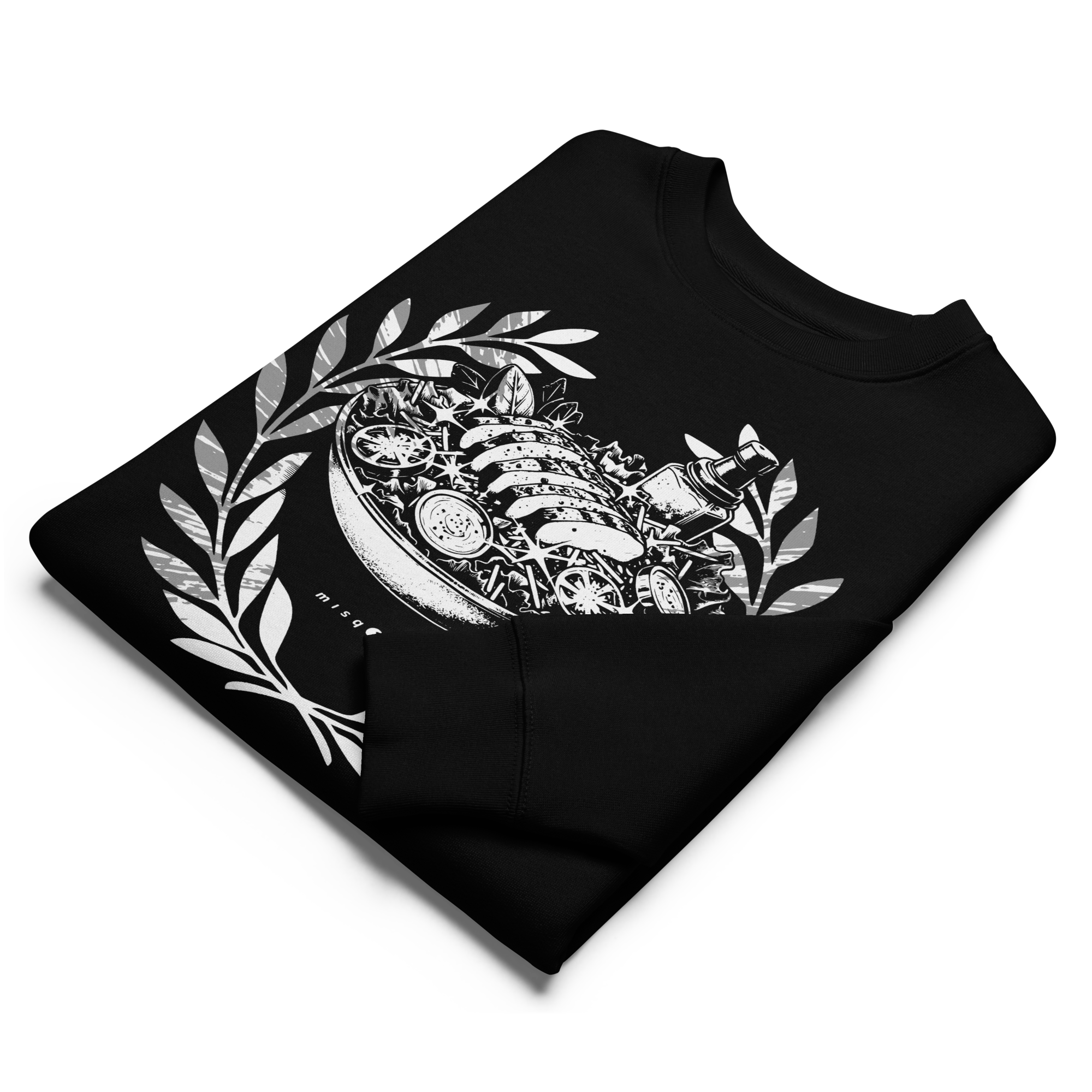 Black sweatshirt with white graphic design on a white background