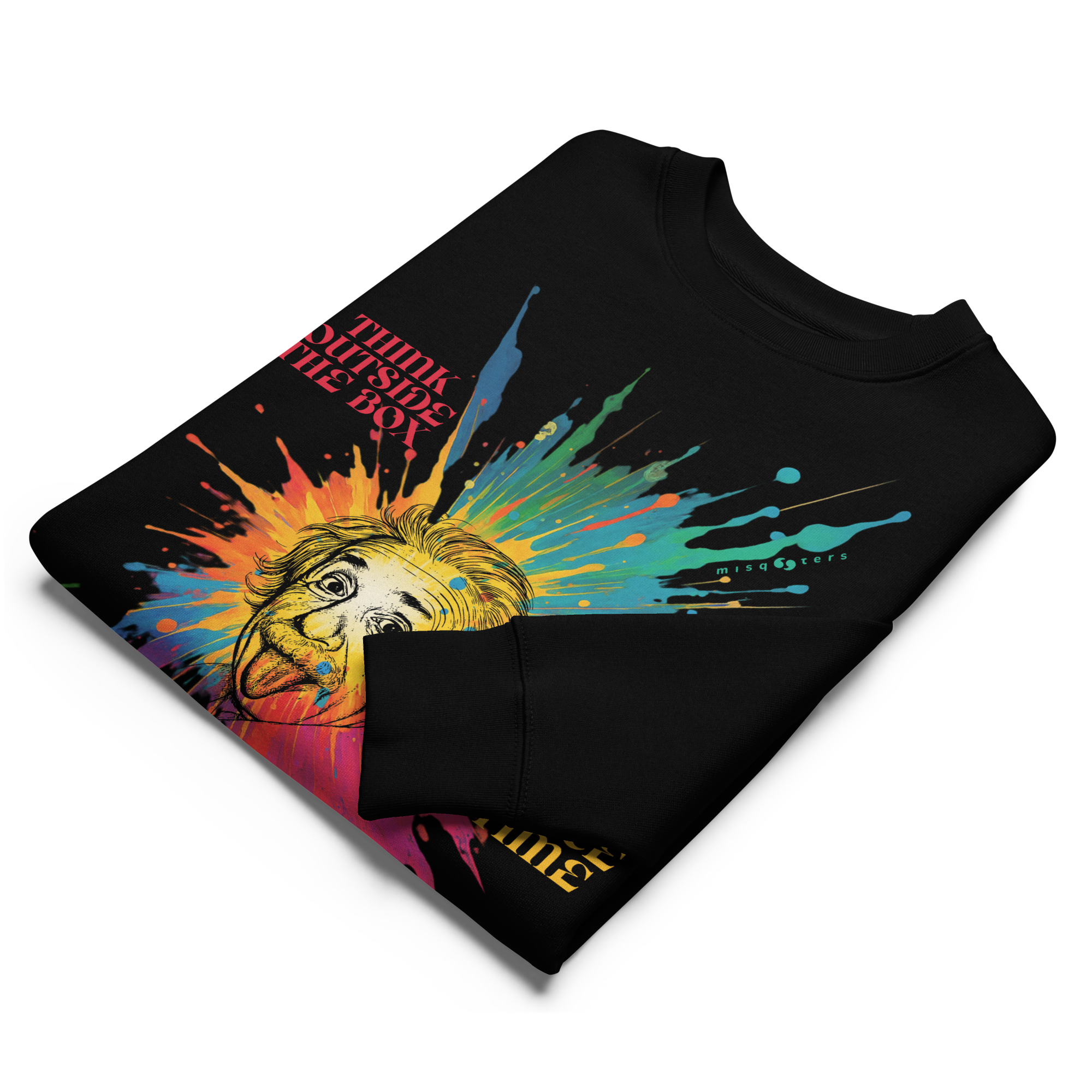 Black sweatshirt folded with colorful graphic design on a white background