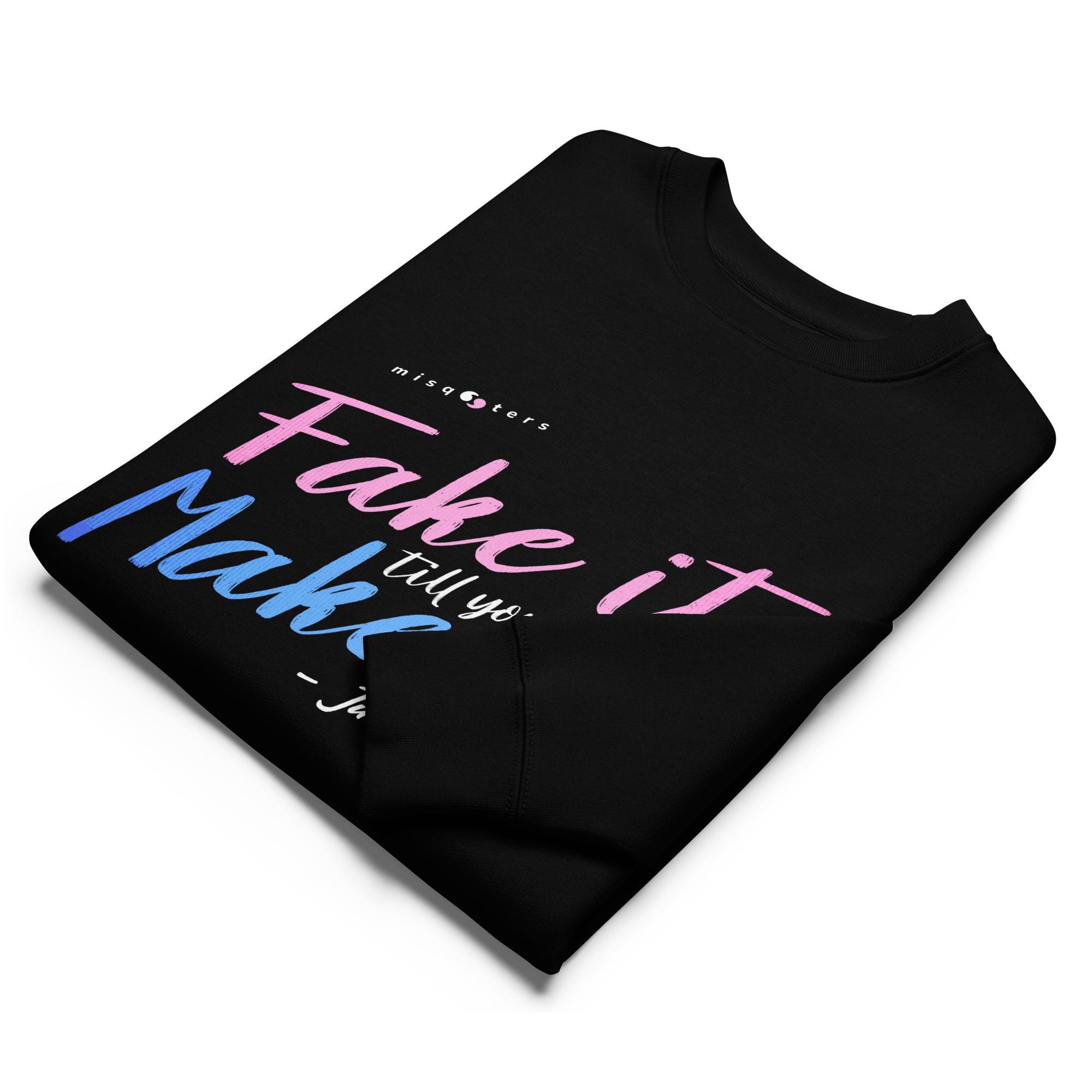 Black sweatshirt with colorful text on a white background