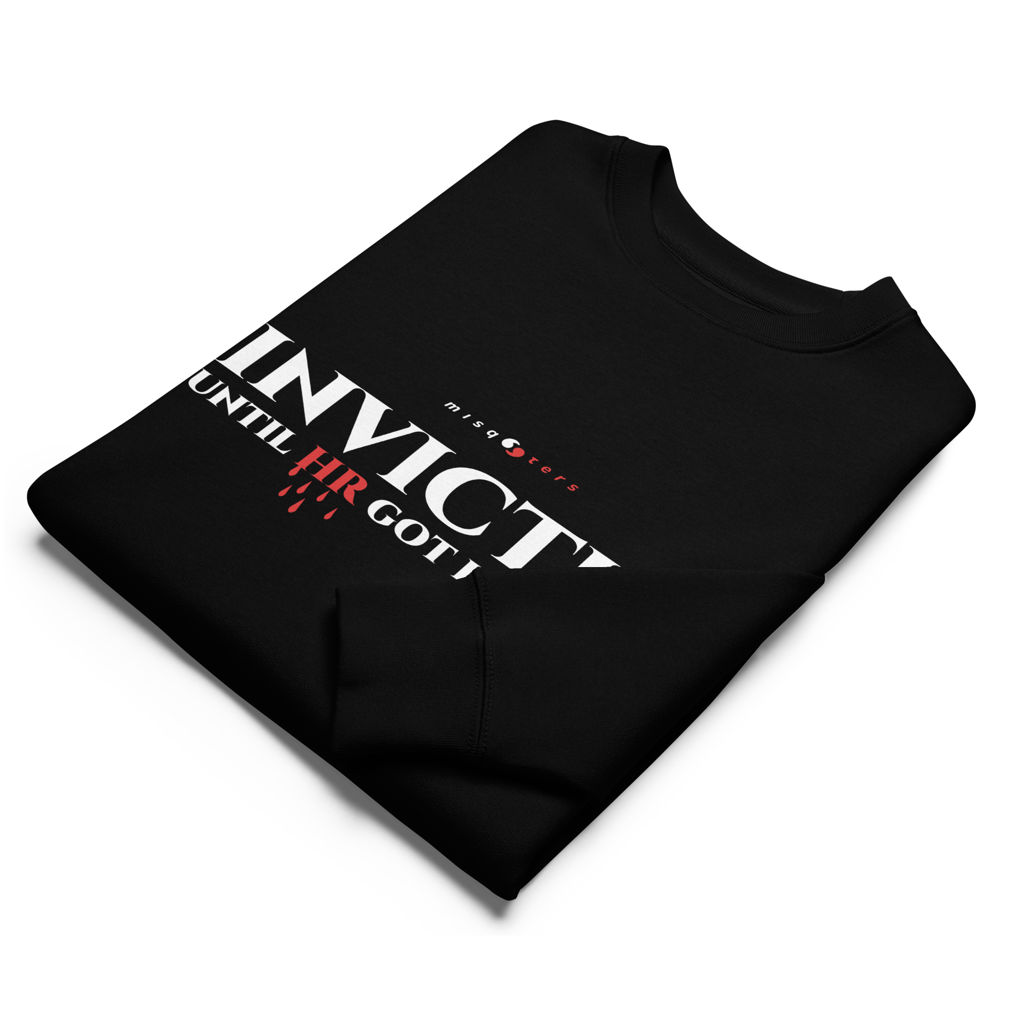 Folded black sweatshirt with white text on a white background