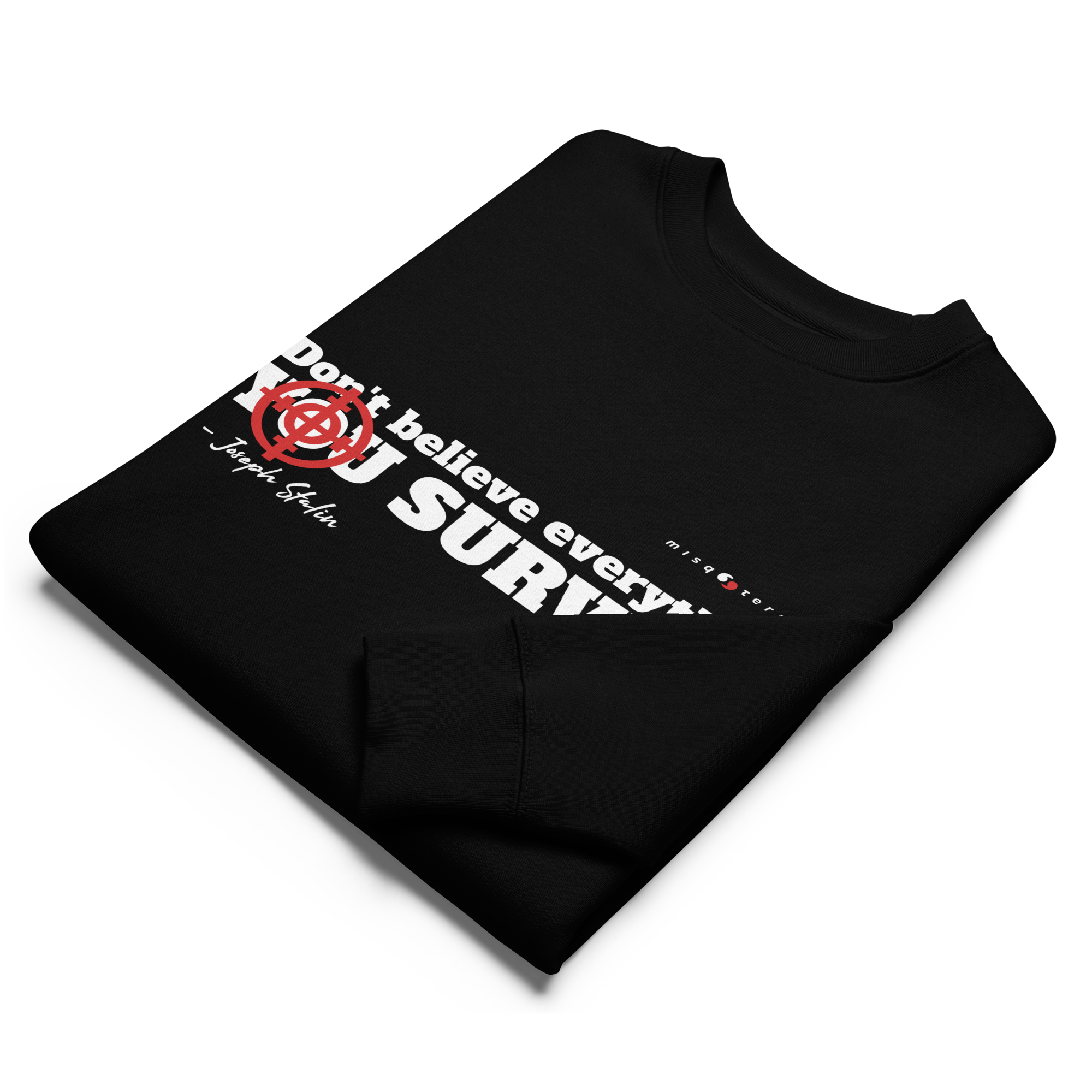 Black folded sweatshirt with text on a white background