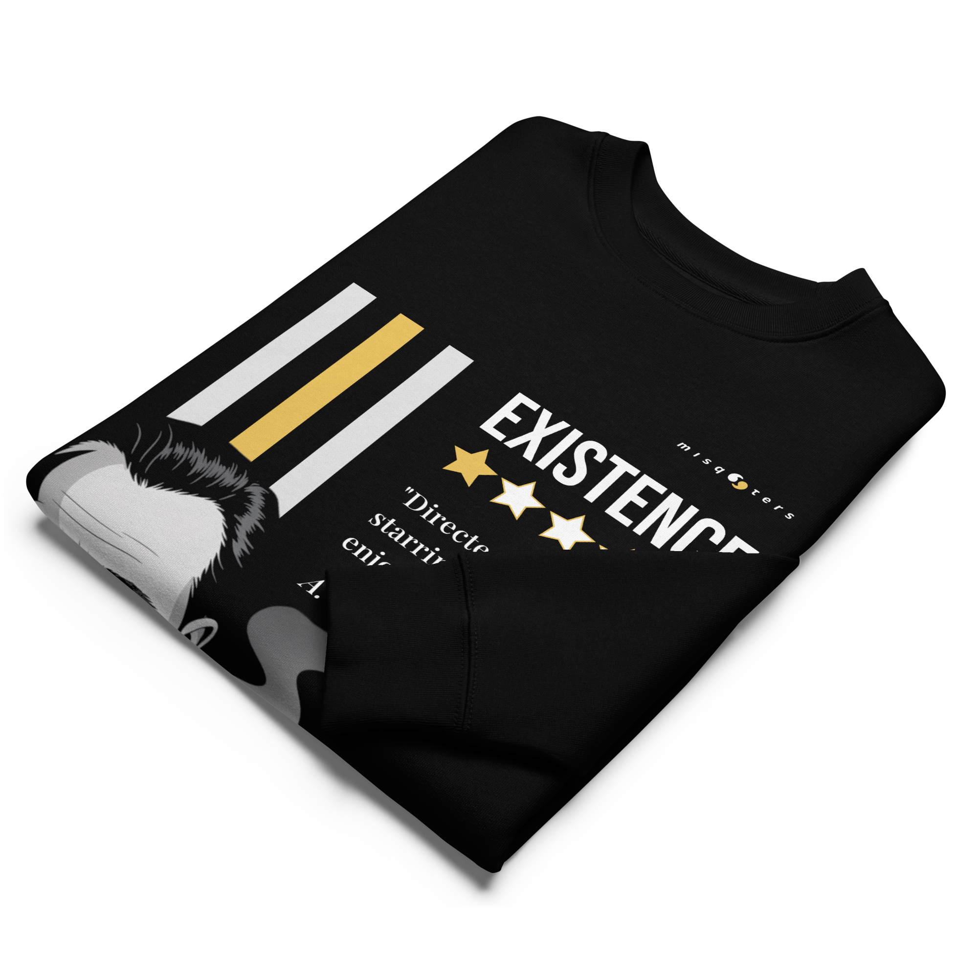 Black folded sweatshirt with graphic design and text on a white background