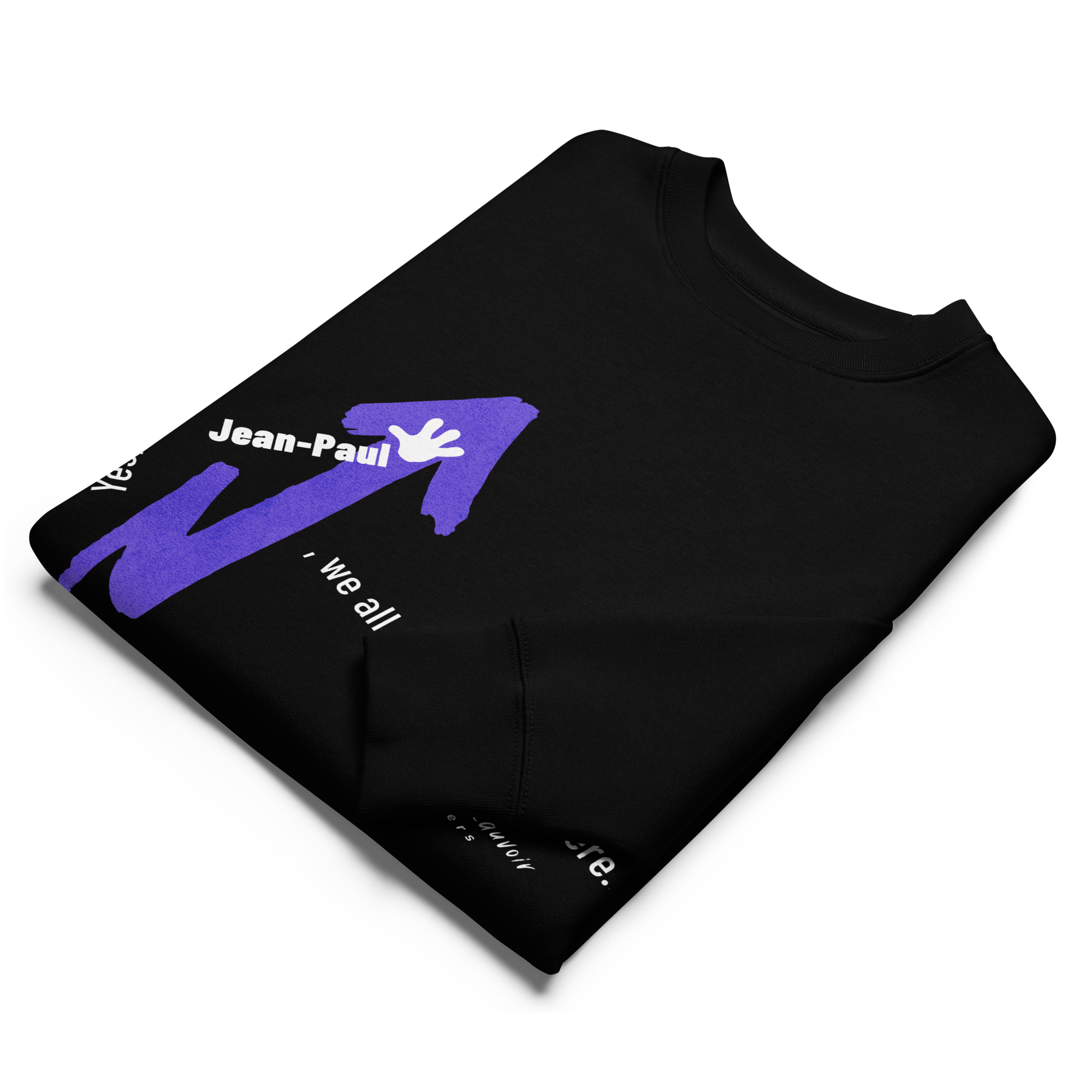 Folded black t-shirt with a purple and white graphic design on a white background