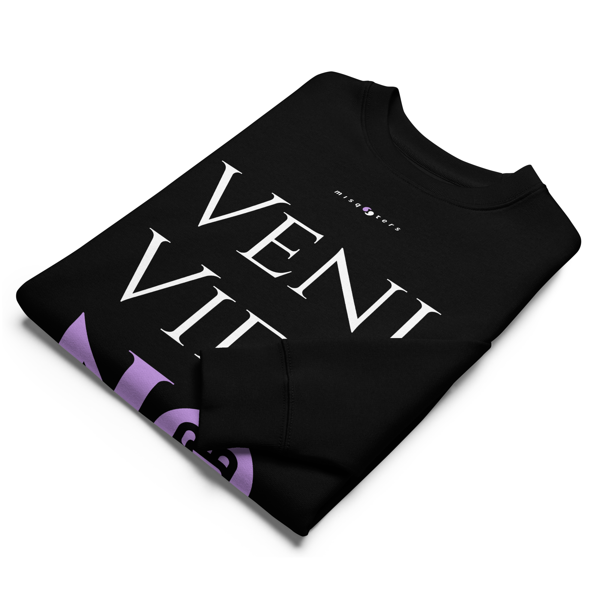 Black sweatshirt with 'VENI VIDI VICI' text on a white background
