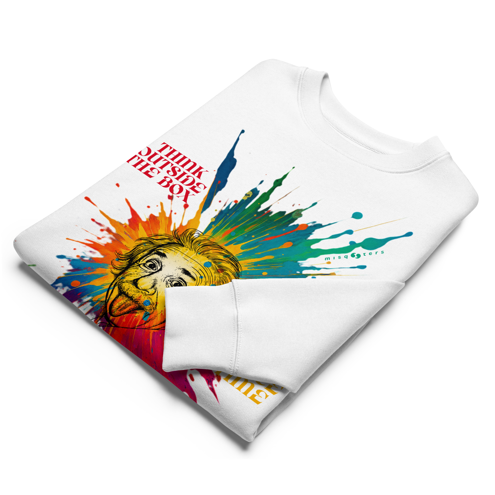 Folded white sweatshirt with colorful graphic design on a white background