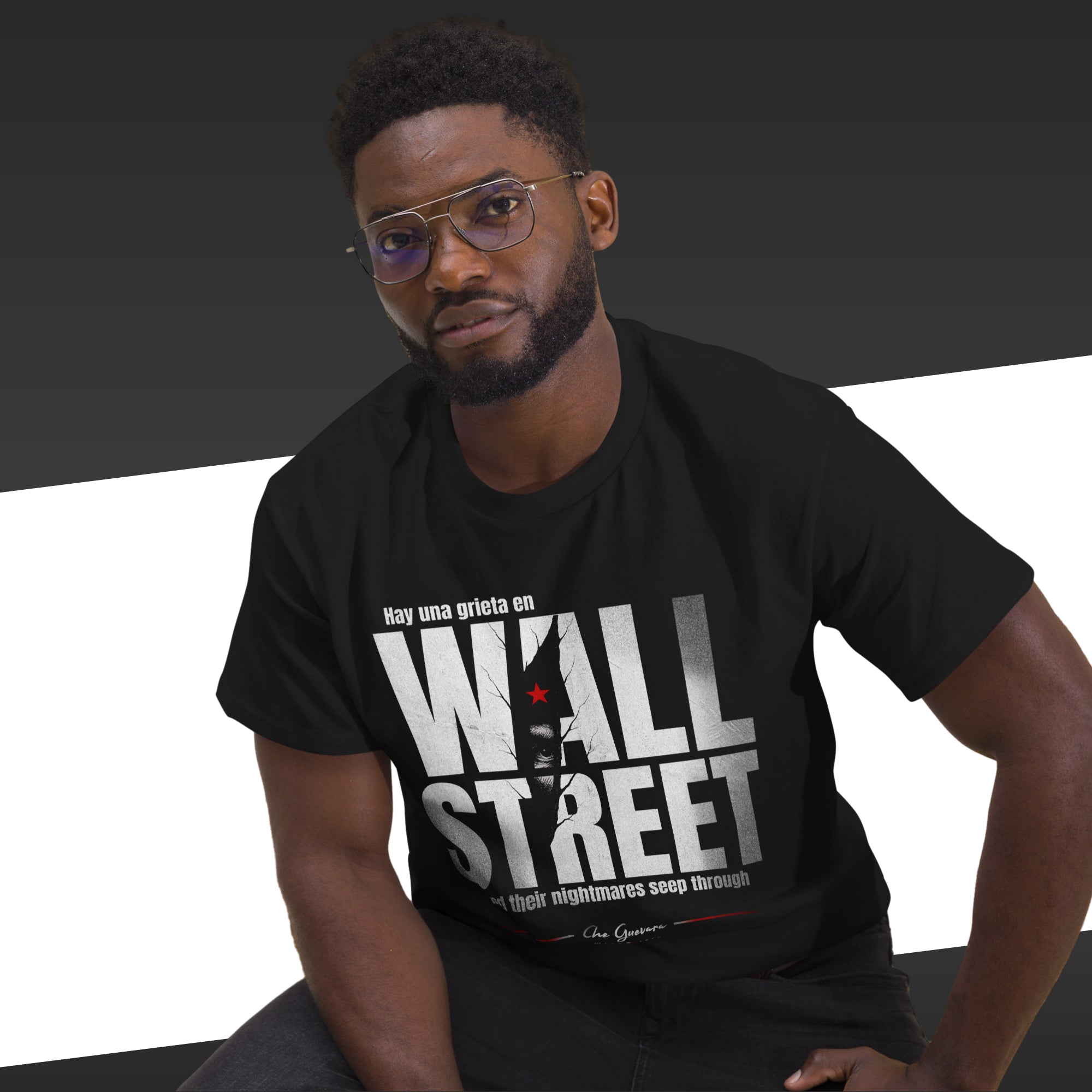 Wall street - Che Guevara | Classic tee - black t-shirt mockup on male model alternate pose