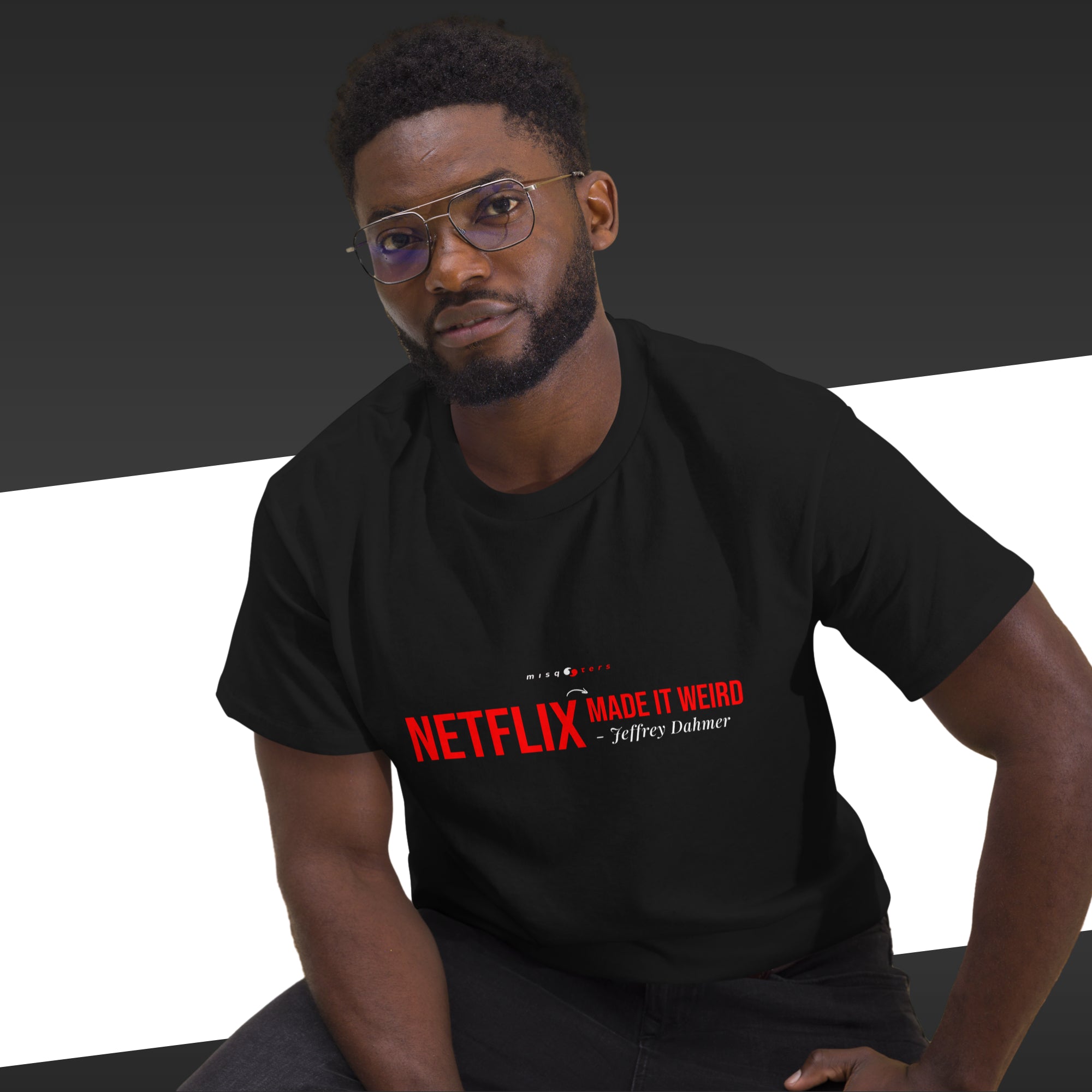 Weird - Jeffrey Dahmer | Classic tee - black t-shirt mockup on male model alternate pose