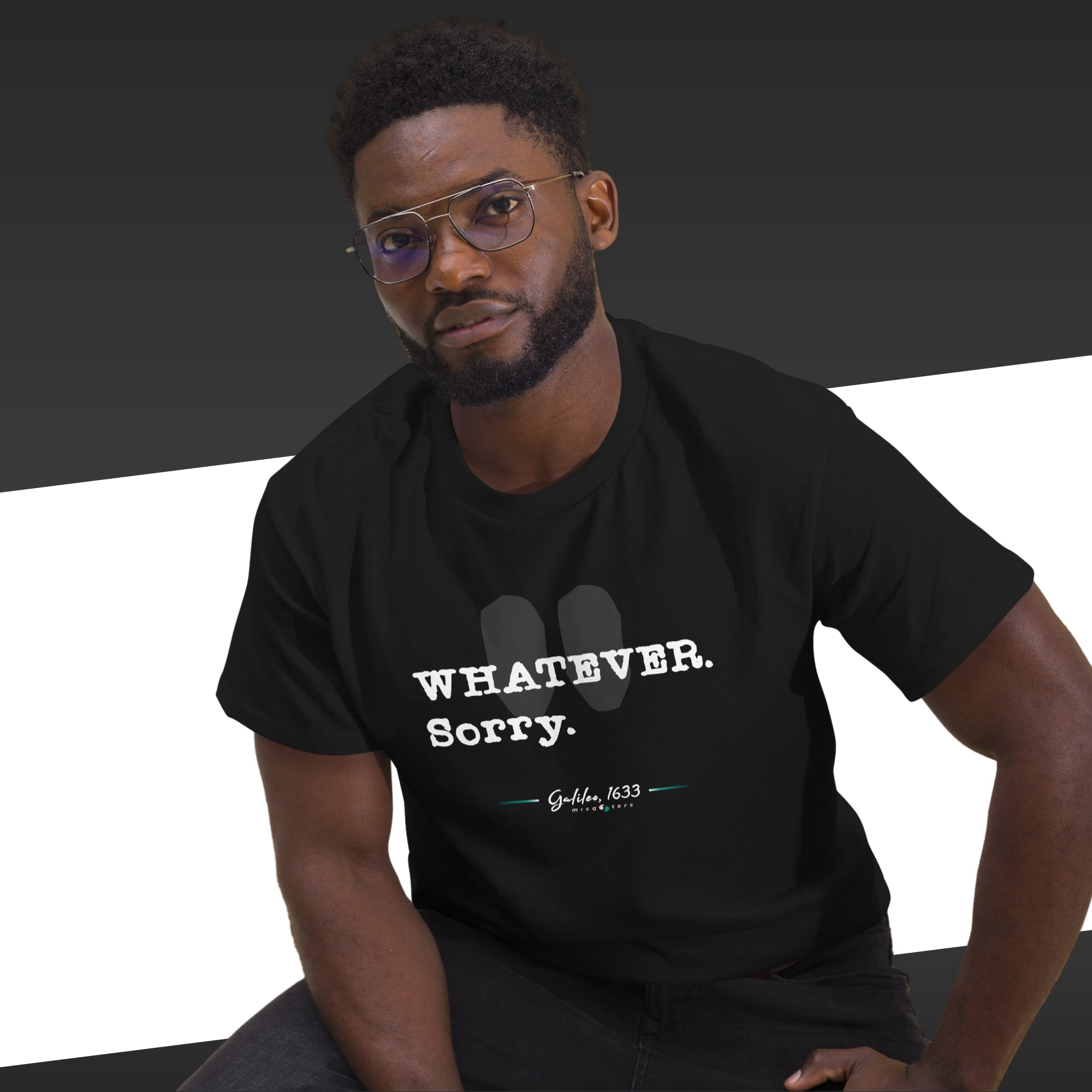 Whatever - Galileo Galilei | Classic tee - black t-shirt mockup on male model alternate pose