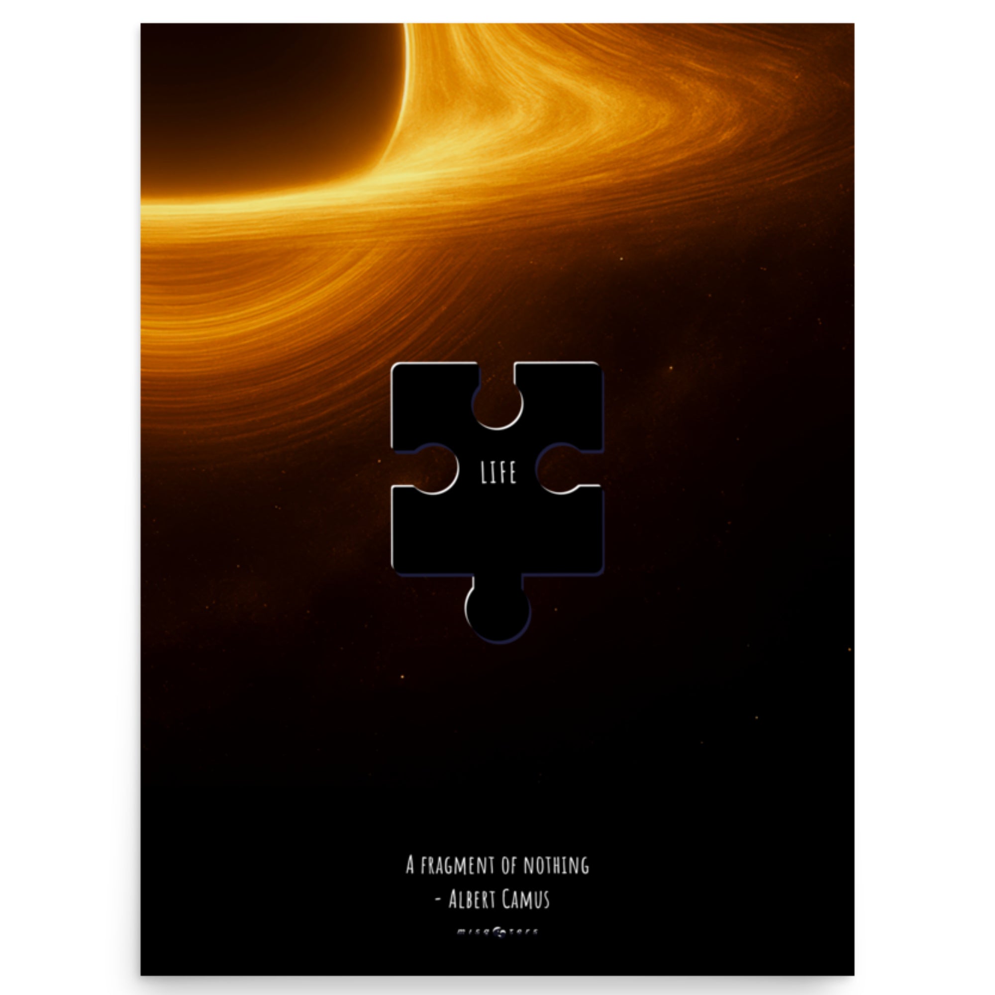 Poster with a black hole illustration and a puzzle piece labeled 'Life' on a dark background.